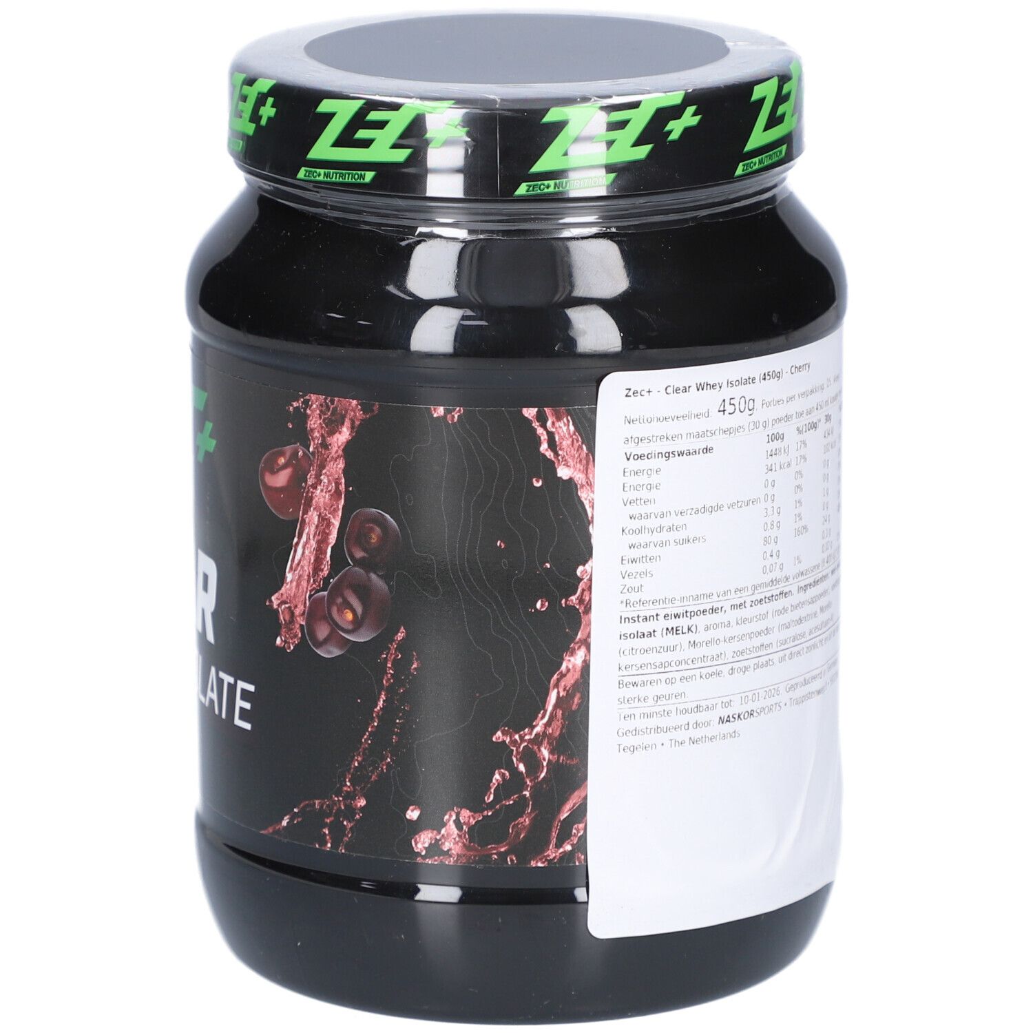 Schwarze Dose mit Etikett. Aufschrift: ZEC+ CLEAR WHEY ISOLATE. Kirsch-Grafik. Nährwertangaben.