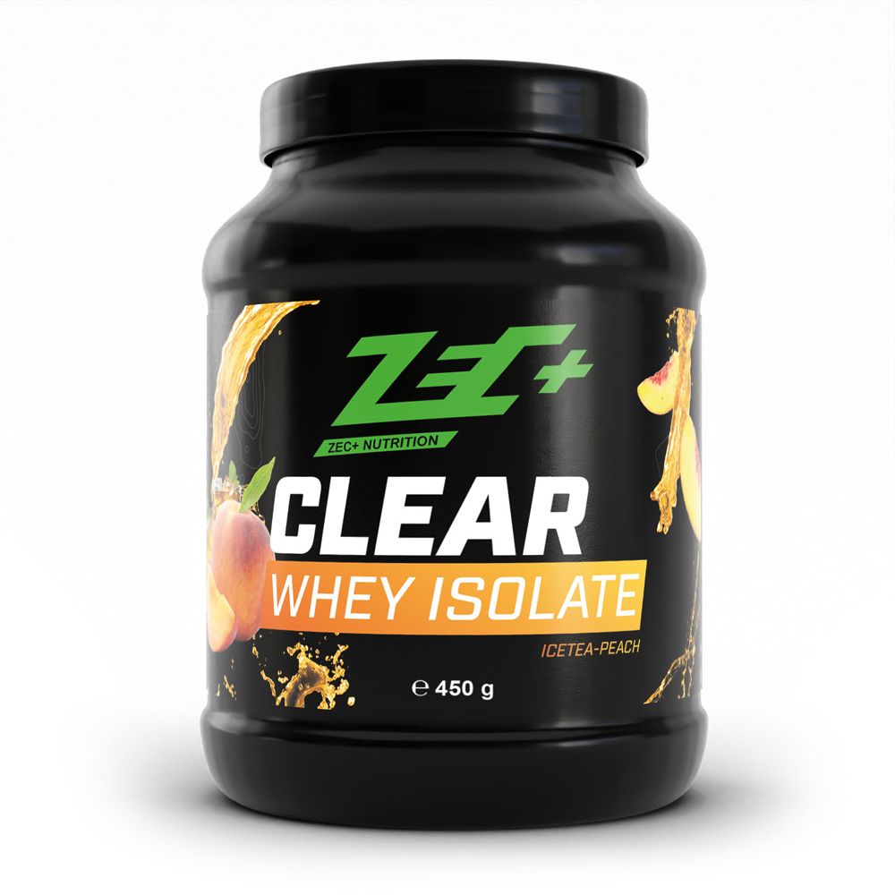 Schwarzes Proteinpulver-Behälter mit ZEC+ Logo und Aufschrift CLEAR WHEY ISOLATE. Pfirsich-Eistee-Geschmack. 450 g.