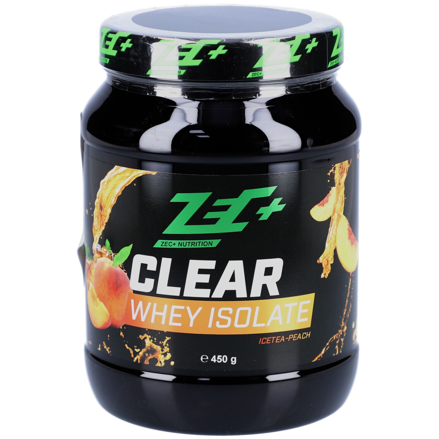 Schwarzer Proteinpulver-Behälter mit grünem Deckel. ZEC+ Logo und Aufschrift CLEAR WHEY ISOLATE. Pfirsich-Eistee.