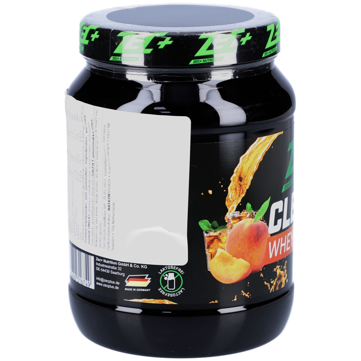 Schwarzer Proteinpulver-Behälter mit weißem Etikett. ZEC+ Logo und Aufschrift CLEAR WHEY ISOLATE. Pfirsich-Eistee.