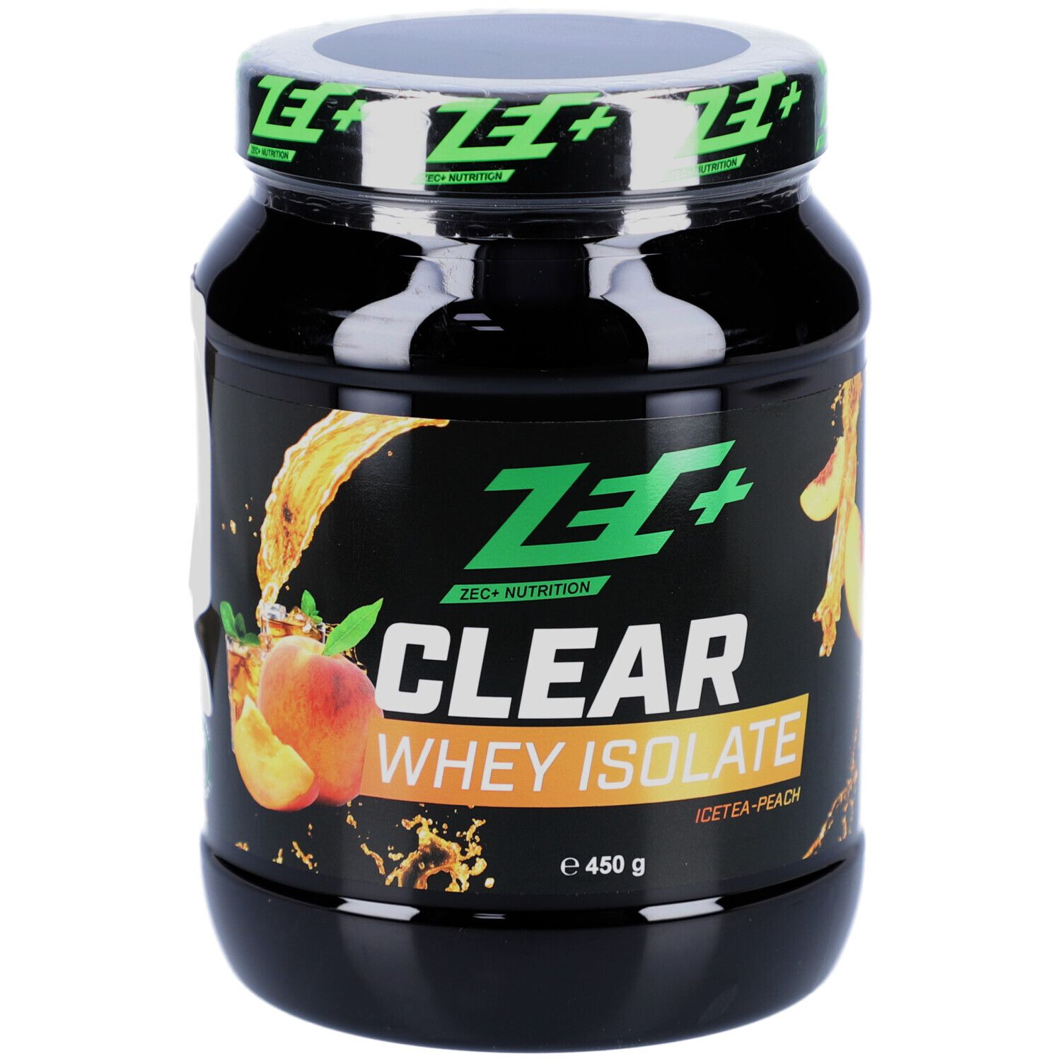Schwarzer Proteinpulver-Behälter mit grünem Deckel. ZEC+ Logo und Aufschrift CLEAR WHEY ISOLATE. Pfirsich-Eistee.