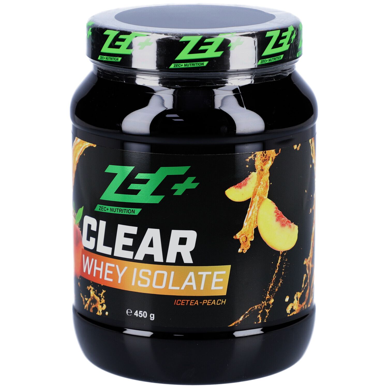 Schwarzer Proteinpulver-Behälter mit grünem Deckel. ZEC+ Logo und Aufschrift CLEAR WHEY ISOLATE. Pfirsich-Eistee.