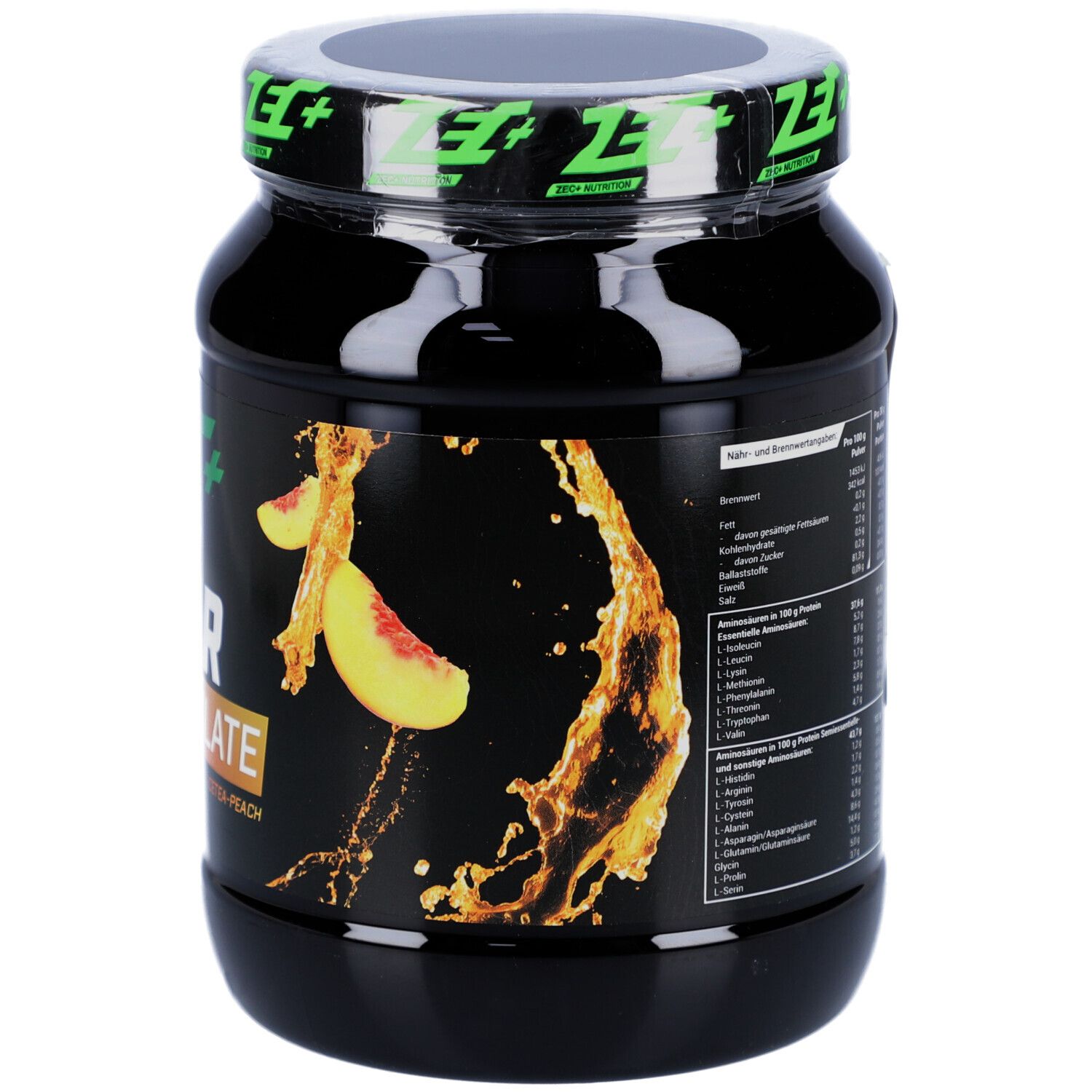 Rückseite des schwarzen Proteinpulver-Behälters. Enthält Nährwertangaben und weitere Informationen.