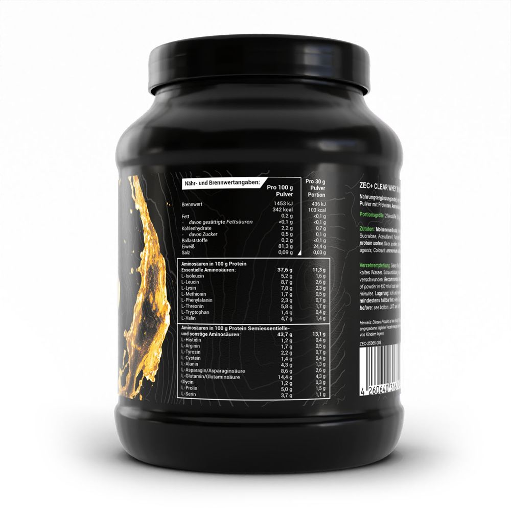 Rückseite des schwarzen Proteinpulver-Behälters. Enthält Nährwertangaben, Aminosäuren und weitere Informationen.