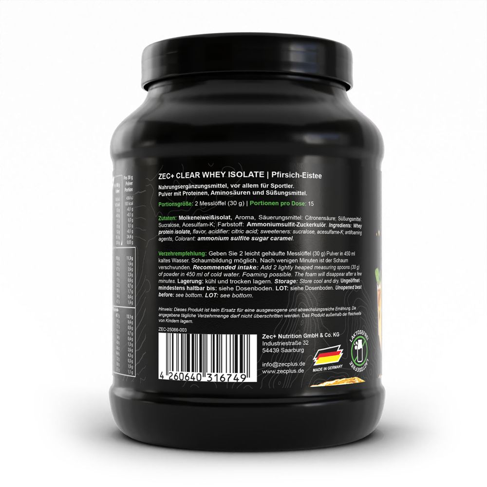 Rückseite des schwarzen Proteinpulver-Behälters. Enthält Informationen zu Inhaltsstoffen, Anwendung und Hersteller.