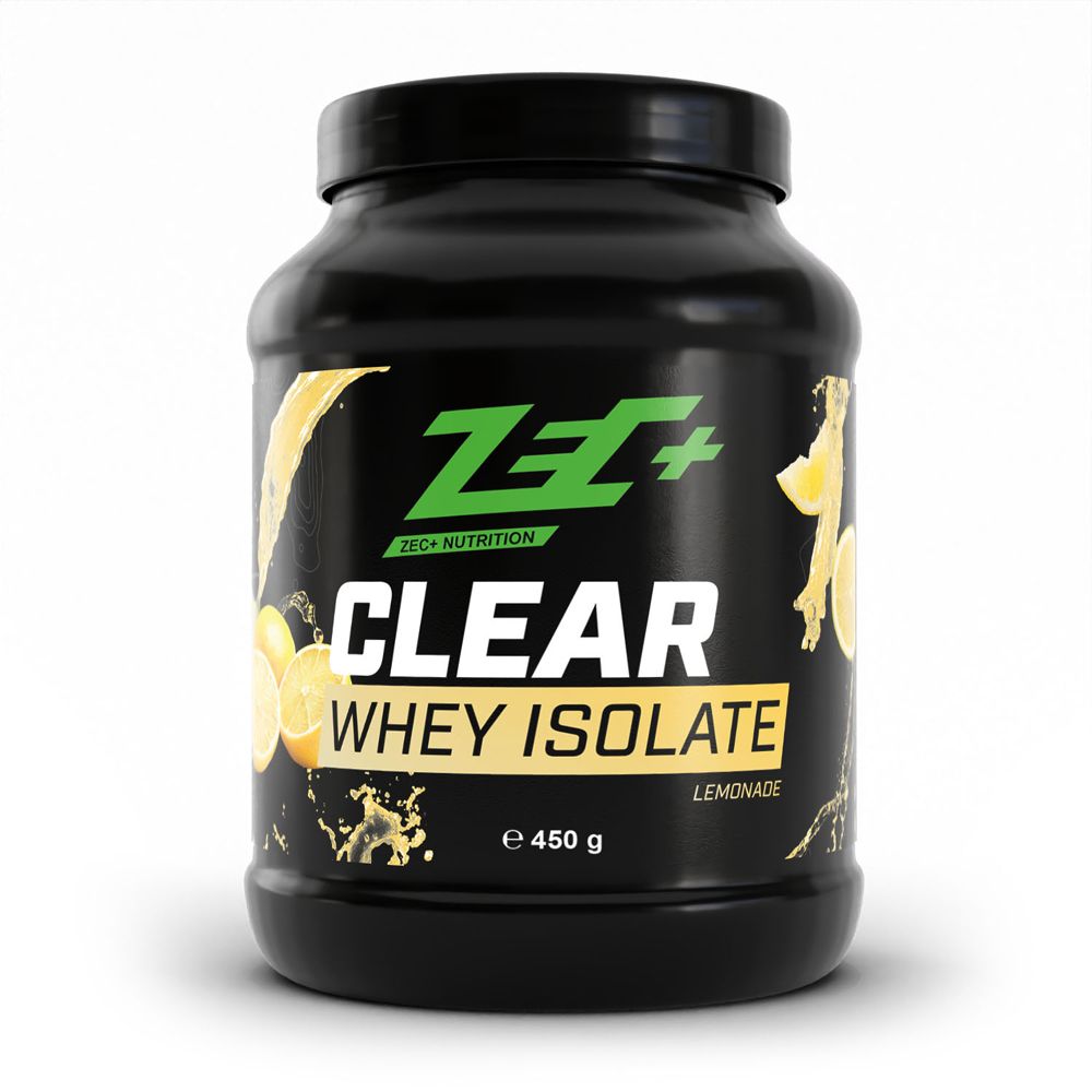 Schwarze Dose mit ZEC+ Nutrition CLEAR WHEY ISOLATE. Aufschrift: Lemonade, 450 g. Gelbe Zitronen-Illustrationen.