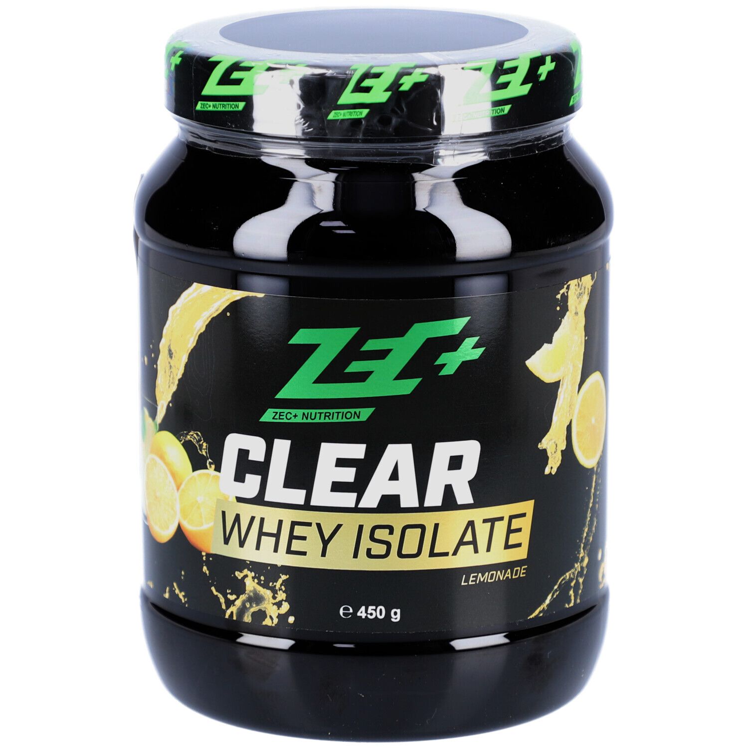 Schwarze Dose mit ZEC+ Nutrition CLEAR WHEY ISOLATE. Aufschrift: Lemonade, 450 g. Deckel mit grünem Logo.