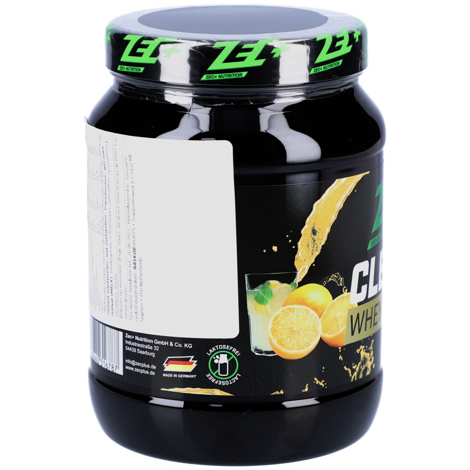 Schwarze Dose mit ZEC+ CLEAR WHEY ISOLATE. Aufschrift: Lemonade. Etikett mit Informationen. Deckel mit Logo.