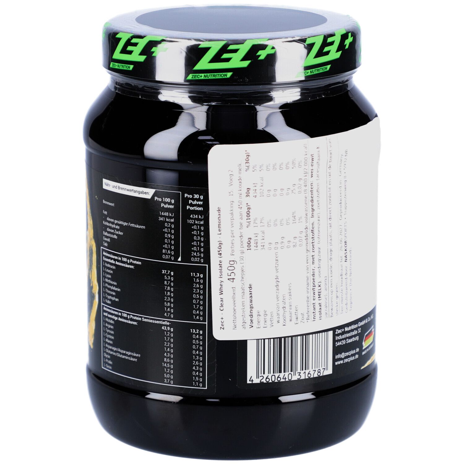 Schwarze Dose mit ZEC+ CLEAR WHEY ISOLATE. Aufschrift: Lemonade. Etikett mit Nährwertangaben. Deckel mit Logo.