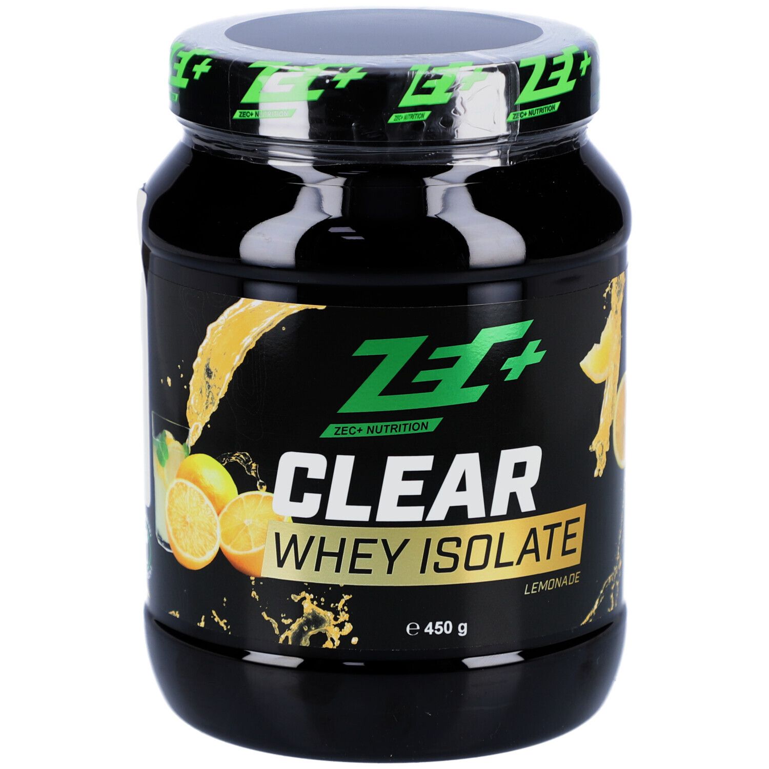 Schwarze Dose mit ZEC+ CLEAR WHEY ISOLATE. Aufschrift: Lemonade, 450 g. Deckel mit grünem Logo.