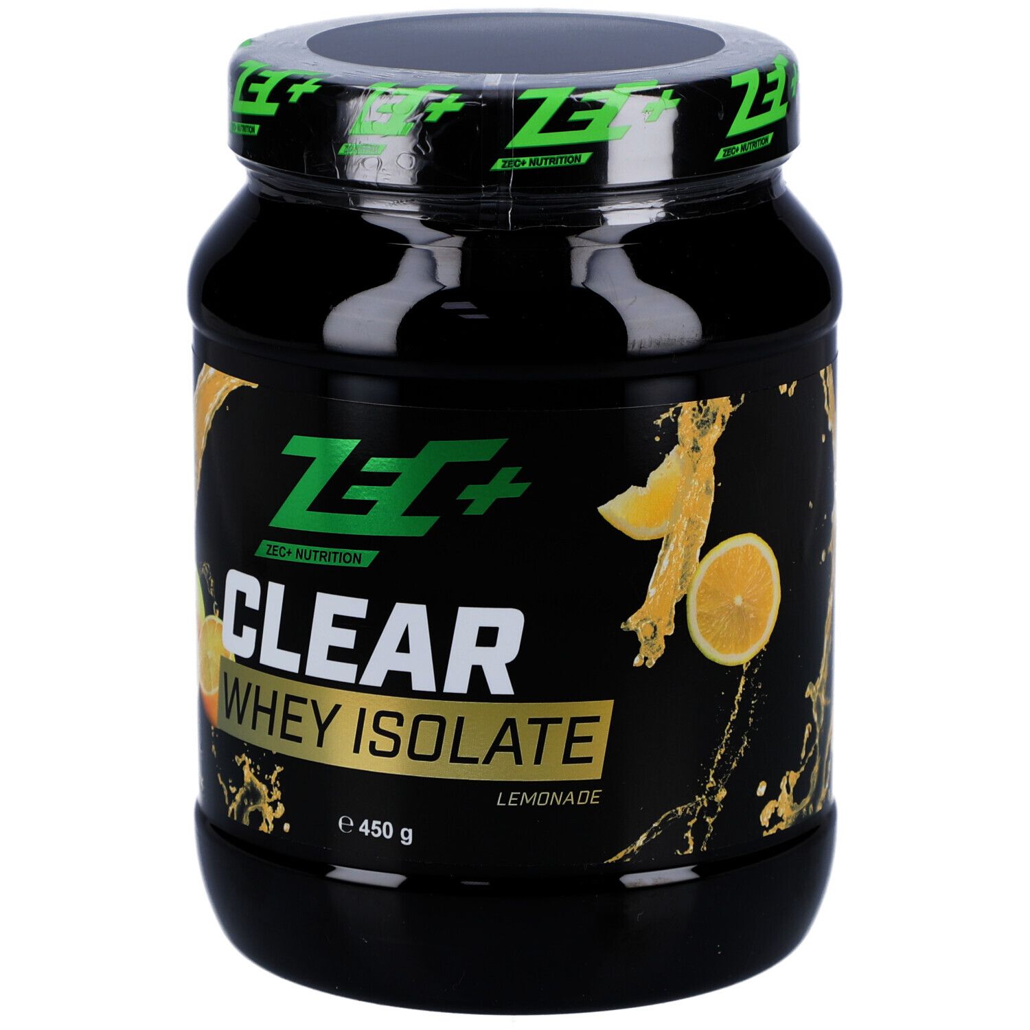 Schwarze Dose mit ZEC+ CLEAR WHEY ISOLATE. Aufschrift: Lemonade, 450 g. Deckel mit grünem Logo.