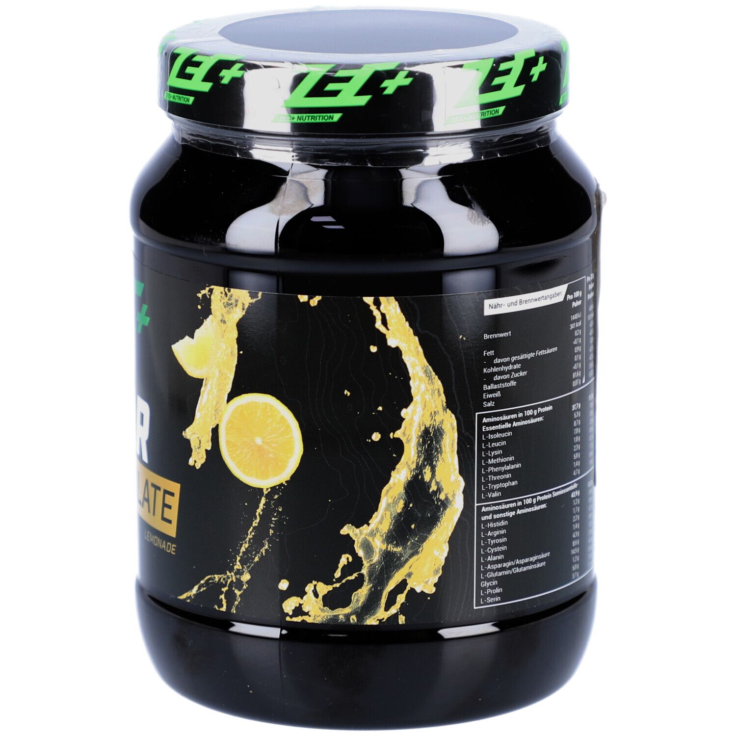 Schwarze Dose mit ZEC+ CLEAR WHEY ISOLATE. Aufschrift: Lemonade, 450 g. Deckel mit grünem Logo.