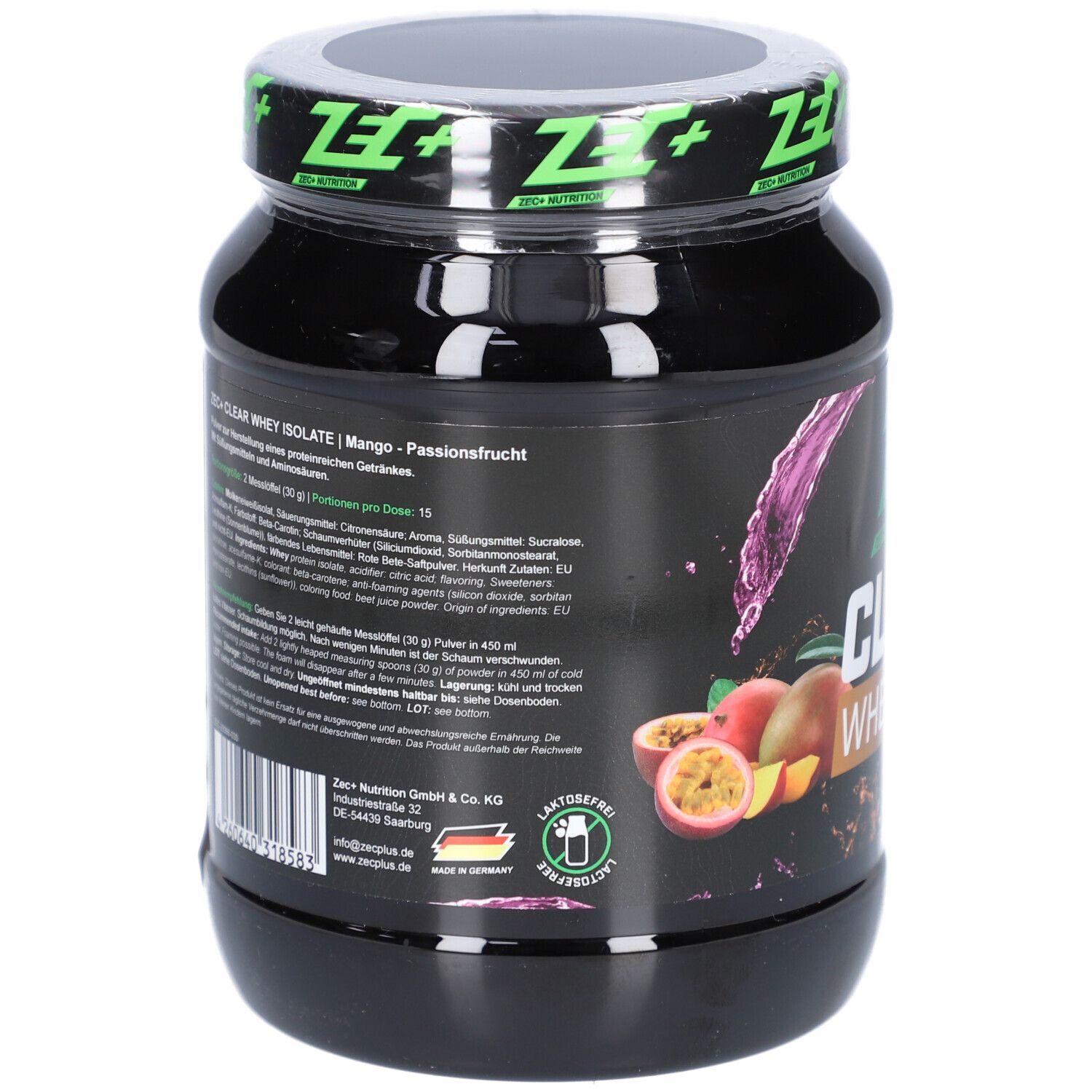 Schwarze Dose mit Etikett. Aufschrift: ZEC+ CLEAR WHEY ISOLATE. Abbildung von Mango und Passionsfrucht. Text in Deutsch.