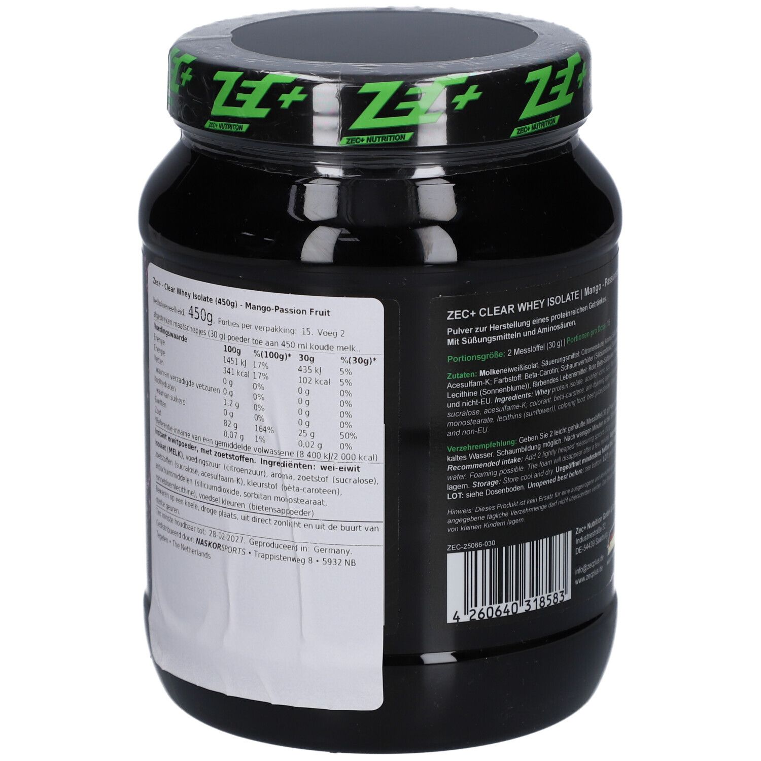 Schwarze Dose mit Etikett. Aufschrift: ZEC+ CLEAR WHEY ISOLATE. Nährwertangaben. Text in Deutsch.
