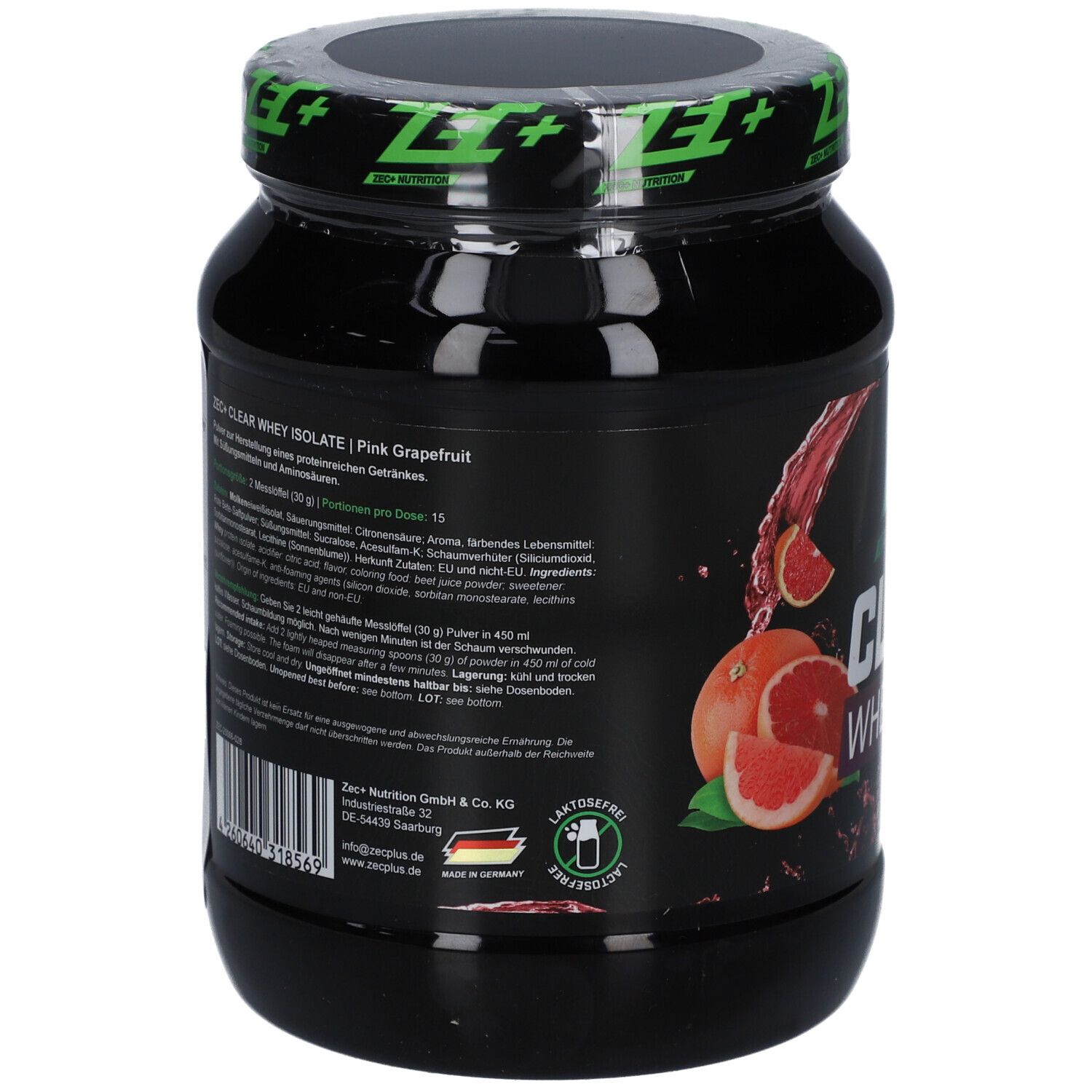 Schwarzes Behältnis mit grünem Deckel. Text und Nährwertangaben. Abbildung von Grapefruit. Mit Laktosefrei-Siegel.
