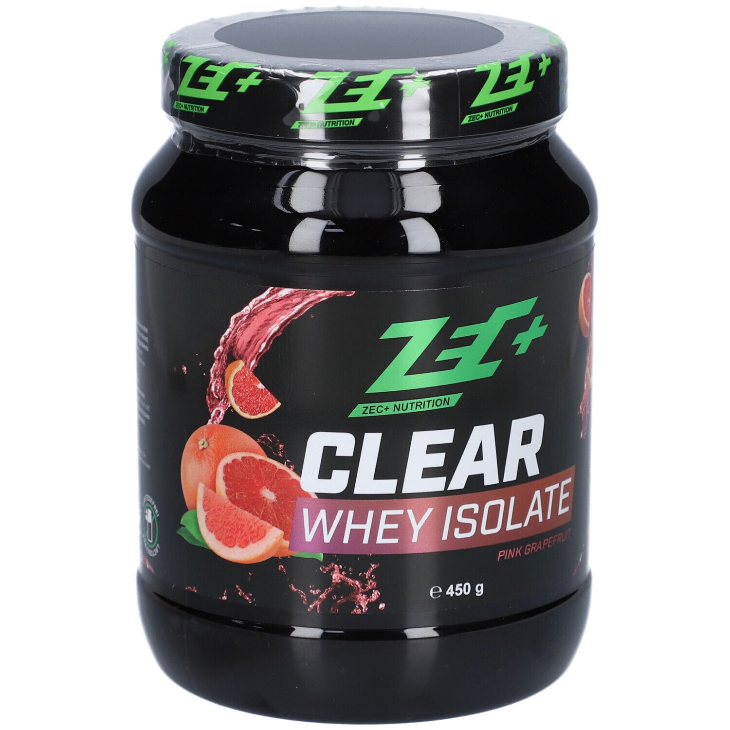 Schwarzes Behältnis mit grünem Deckel. Aufschrift: ZEC+ CLEAR WHEY ISOLATE, Pink Grapefruit. Abbildung von Grapefruit.