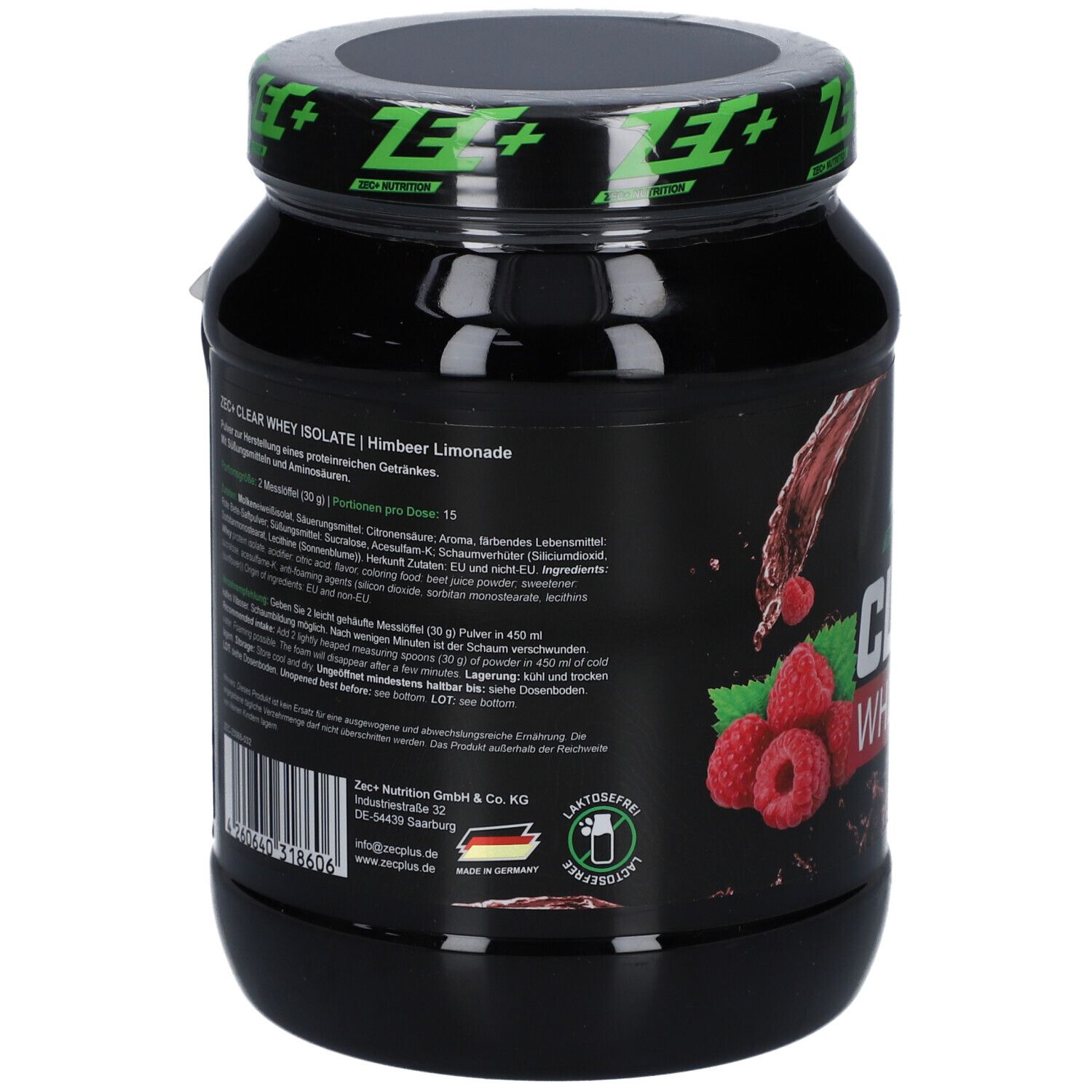 Schwarze Dose mit Etikett. Text: ZEC+ CLEAR WHEY ISOLATE, Himbeer-Limonade. Zutatenliste und Nährwertangaben. Barcode.