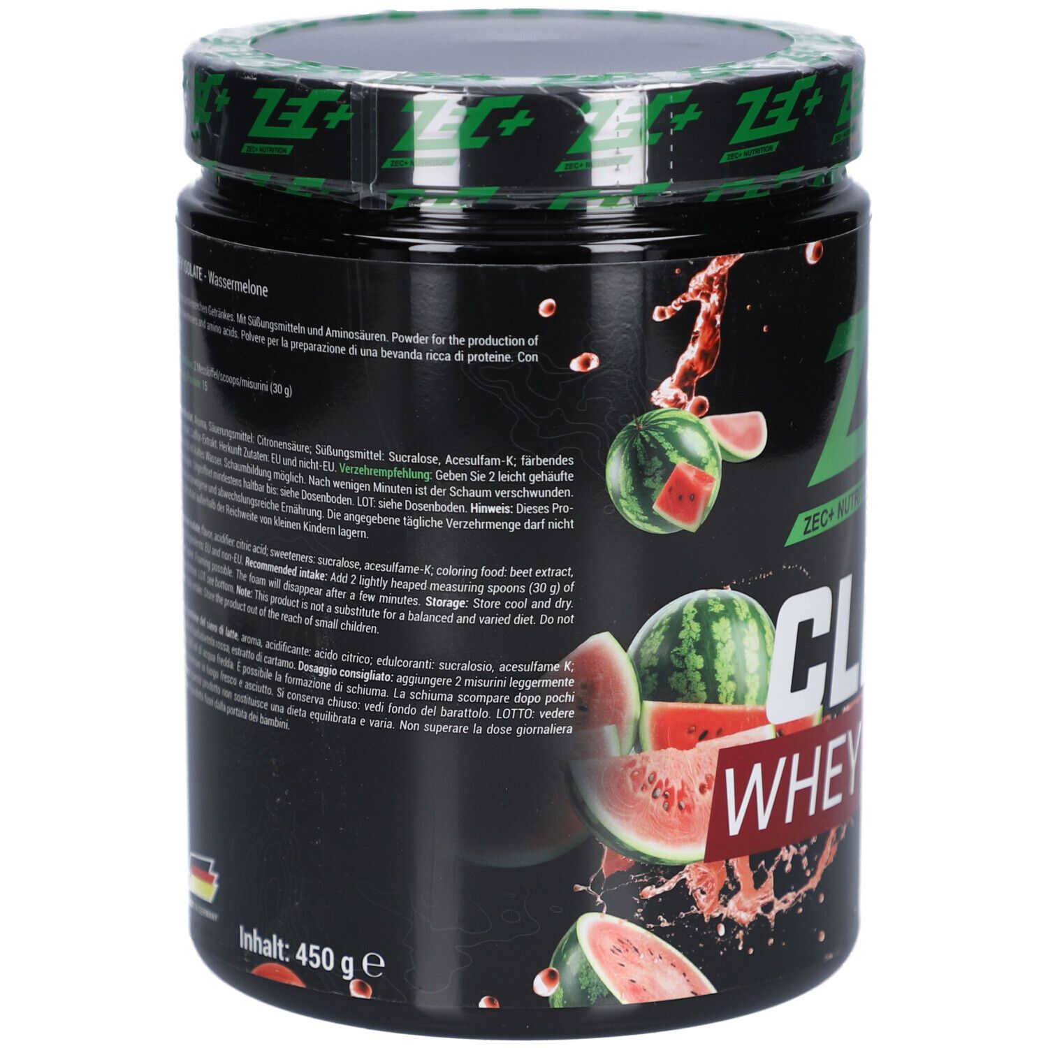 Schwarze Dose mit Text und Zutatenliste. Aufschrift: ZEC+ CLEAR WHEY ISOLATE. Abbildung von Wassermelonen. 450g.