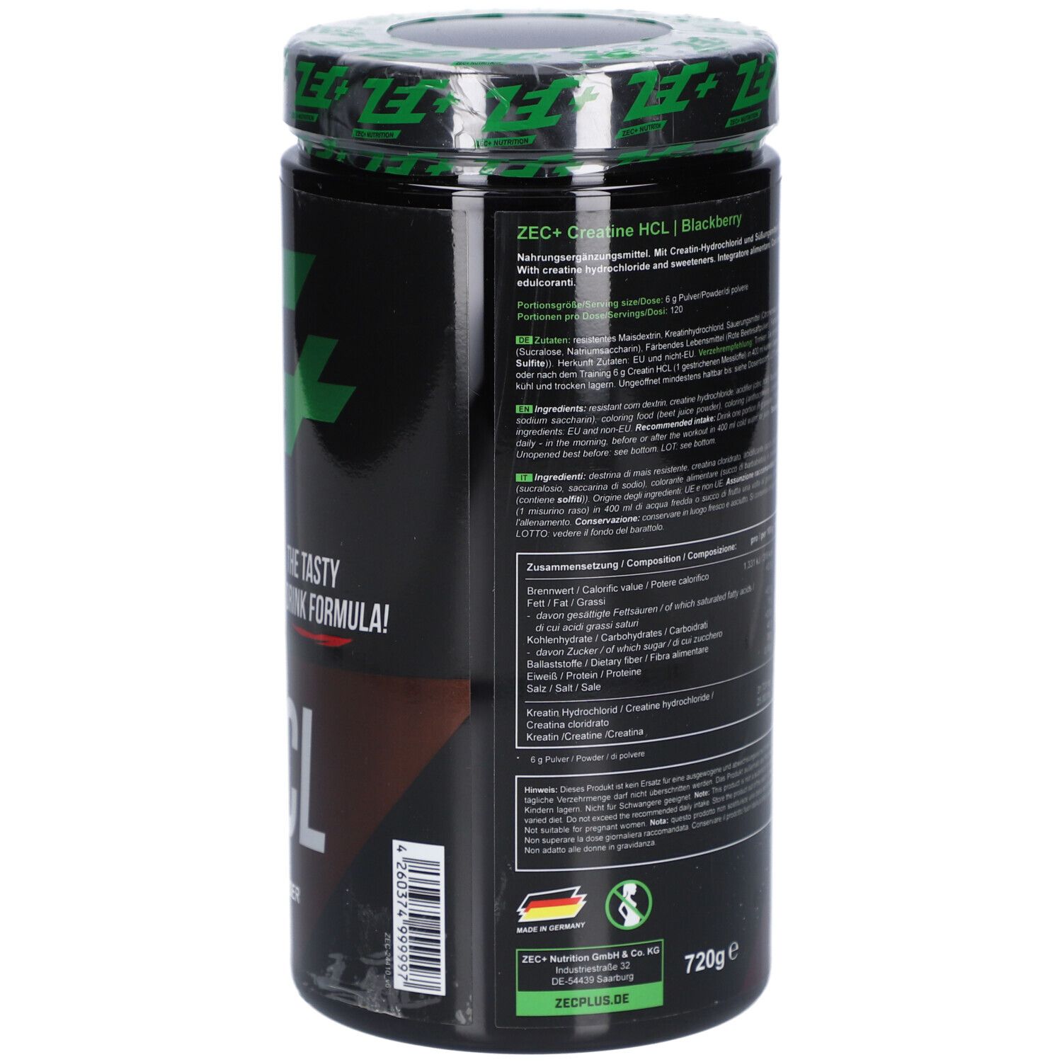 Rückseite der Dose mit Texten und Logos. Enthält Nährwertangaben und Herstellerinformationen. 720g-Angabe. Grün-weißes Logo.