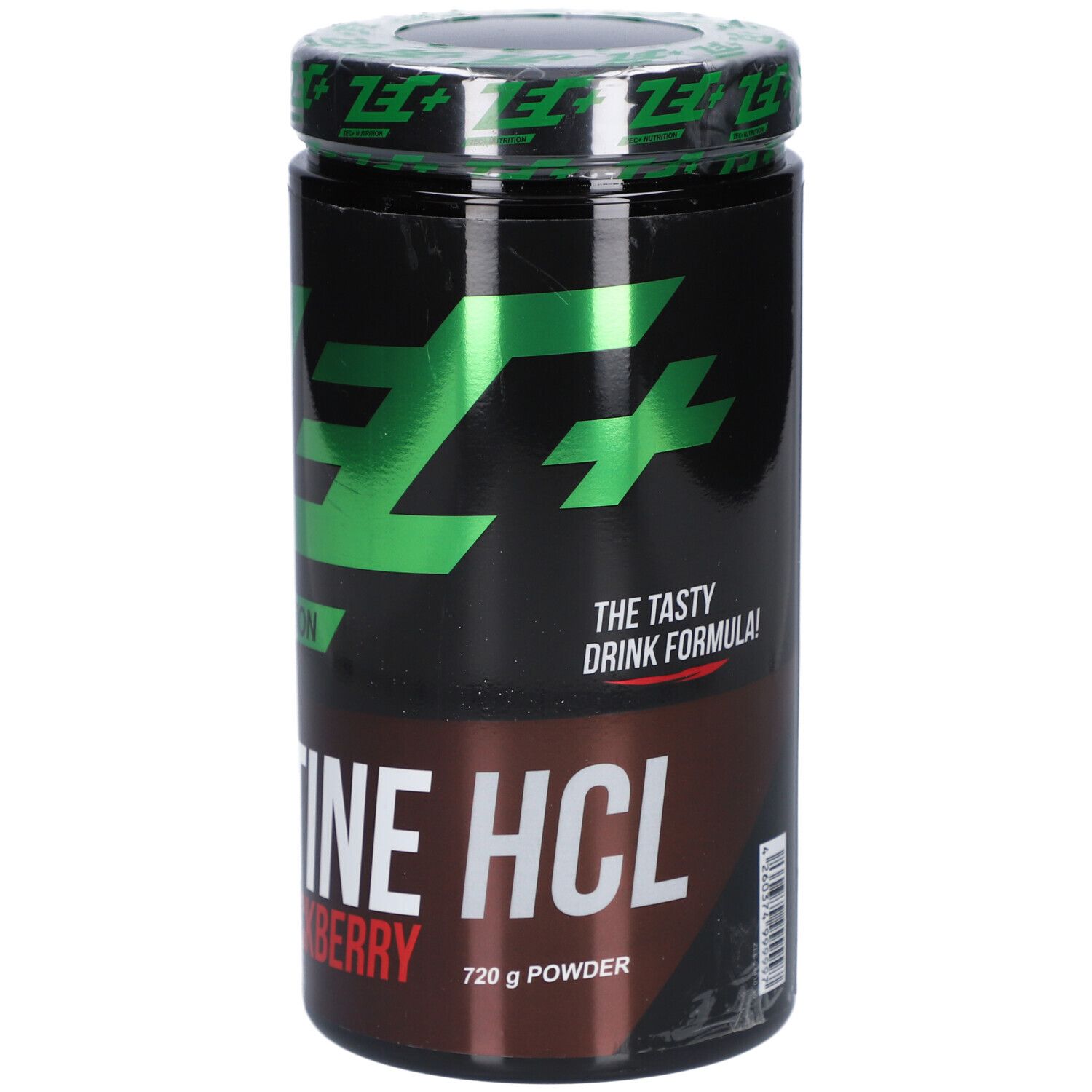 Schwarze Dose mit grünem ZEC+ Logo und Schriftzug CREATINE HCL BLACKBERRY. Deckel mit grünem Logo. 720 g Pulver.