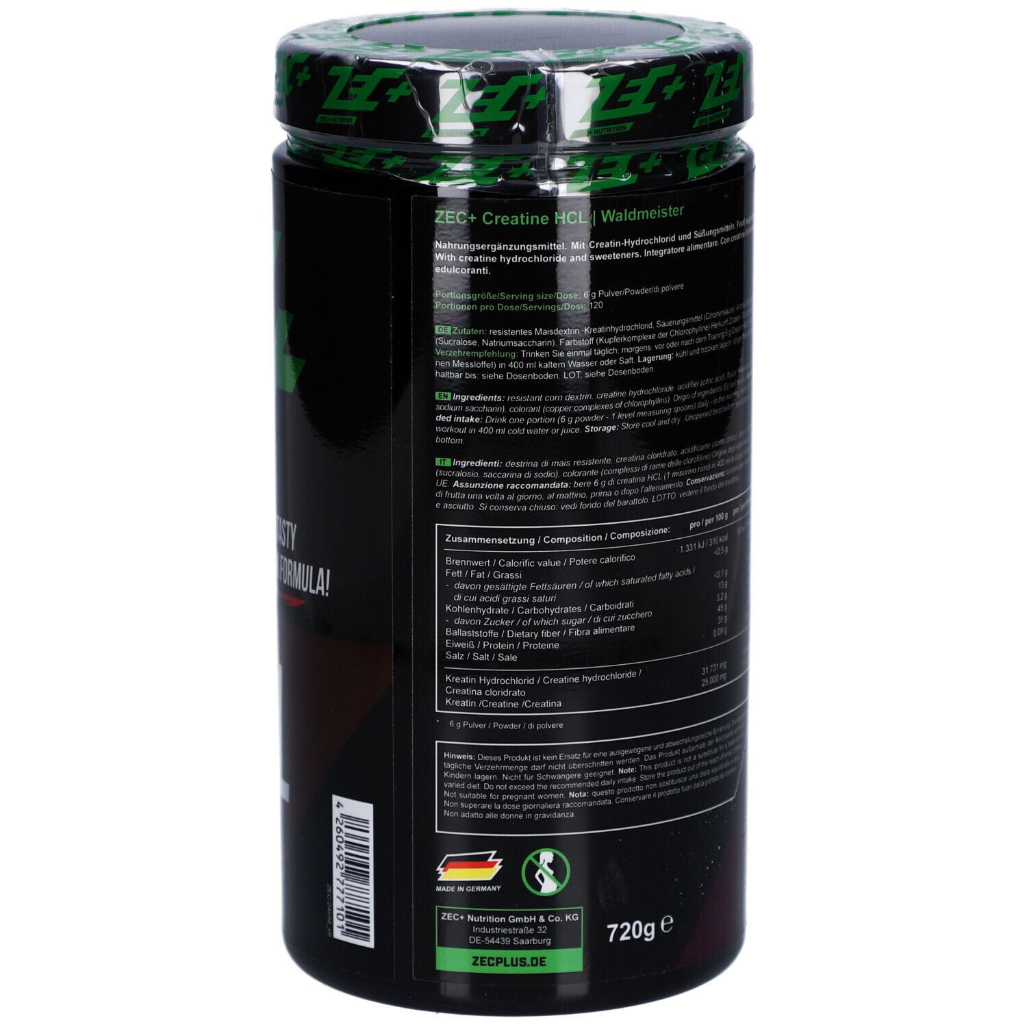 Dose mit Text. Enthält Informationen zu Nährwerten und Inhaltsstoffen. ZEC+ CREATINE HCL Waldmeister.