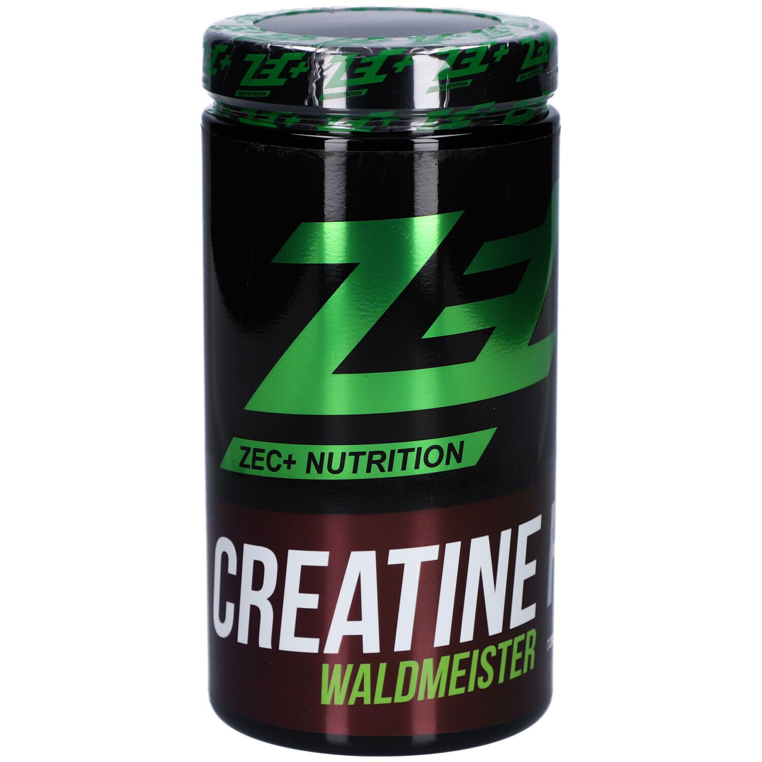 Schwarze Dose mit grünem Deckel und Logo. Aufschrift: ZEC+ CREATINE HCL Waldmeister.