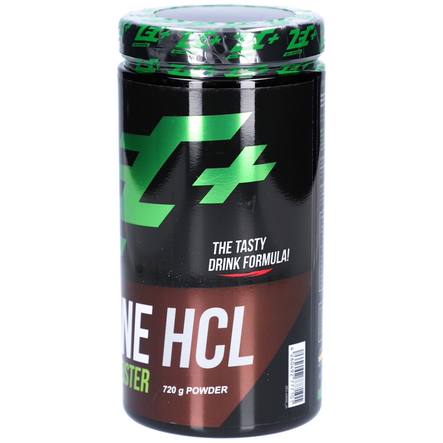 Schwarze Dose mit grünem Deckel und Logo. Aufschrift: ZEC+ CREATINE HCL Waldmeister, 720 g Powder.