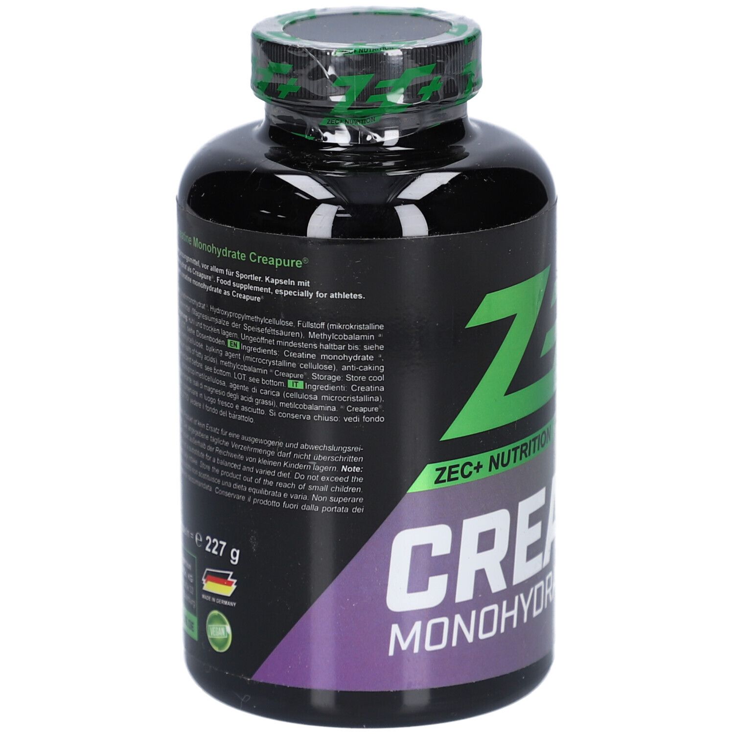 Schwarze Flasche mit grünem Deckel. ZEC+ Nutrition, Creatine Monohydrate. Text und Etikett. 227g, Made in Germany.