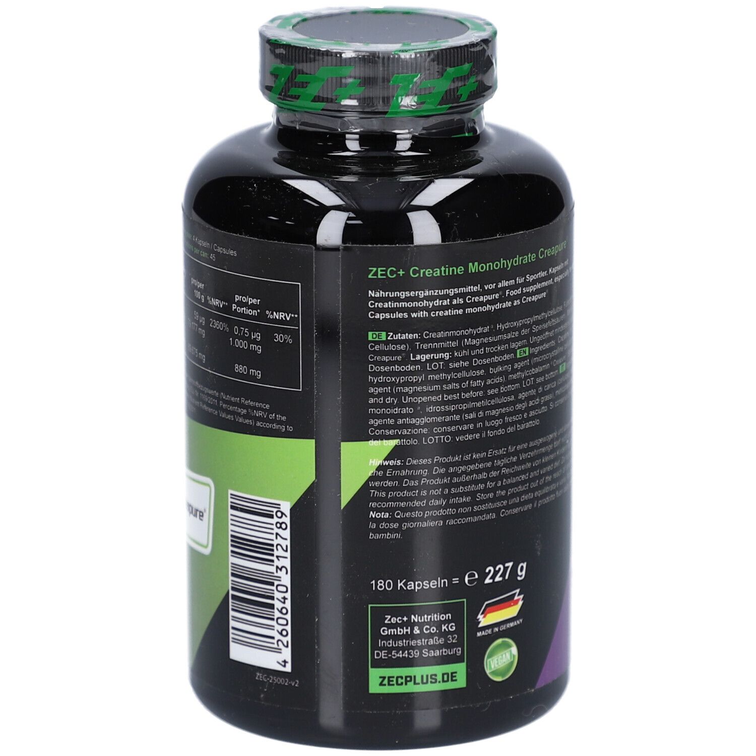 Schwarze Flasche mit grünem Deckel. ZEC+ Creatine Monohydrate. 180 Kapseln, 227g. DE-Saarbrücken. Creapure.