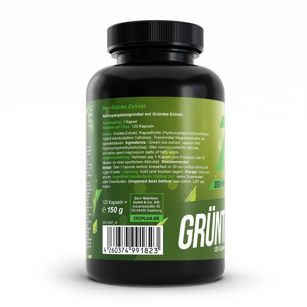 Rückseite der Dose: Details zu ZEC+ GRÜNTEE EXTRAKT, 120 Kapseln, 150 g, Made in Germany.