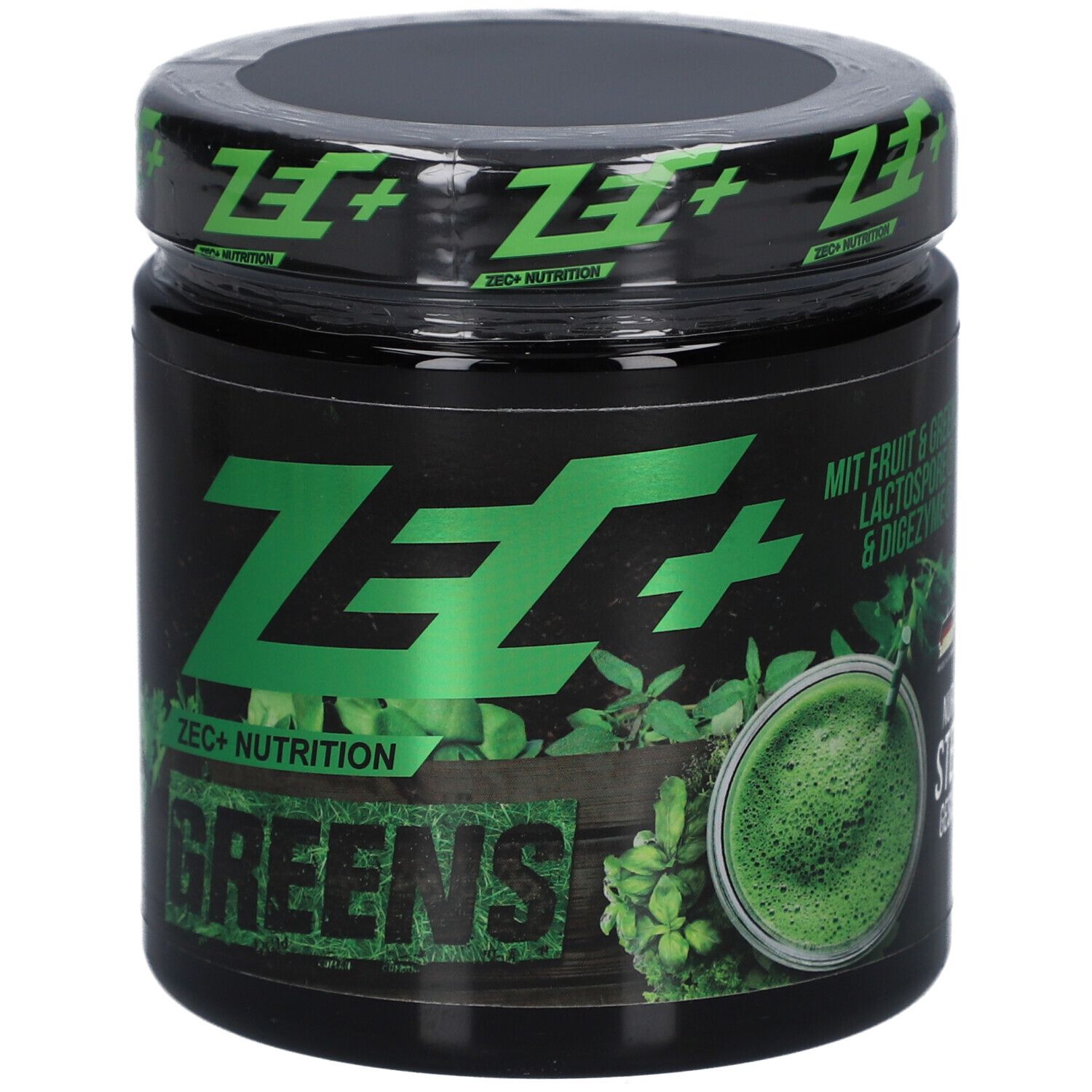 Schwarzes Glas mit grünem Deckel. Aufschrift ZEC+ GREENS. Abbildung eines grünen Getränks. Text: MIT FRUIT & LACTOSPORE & DIGEZYME.