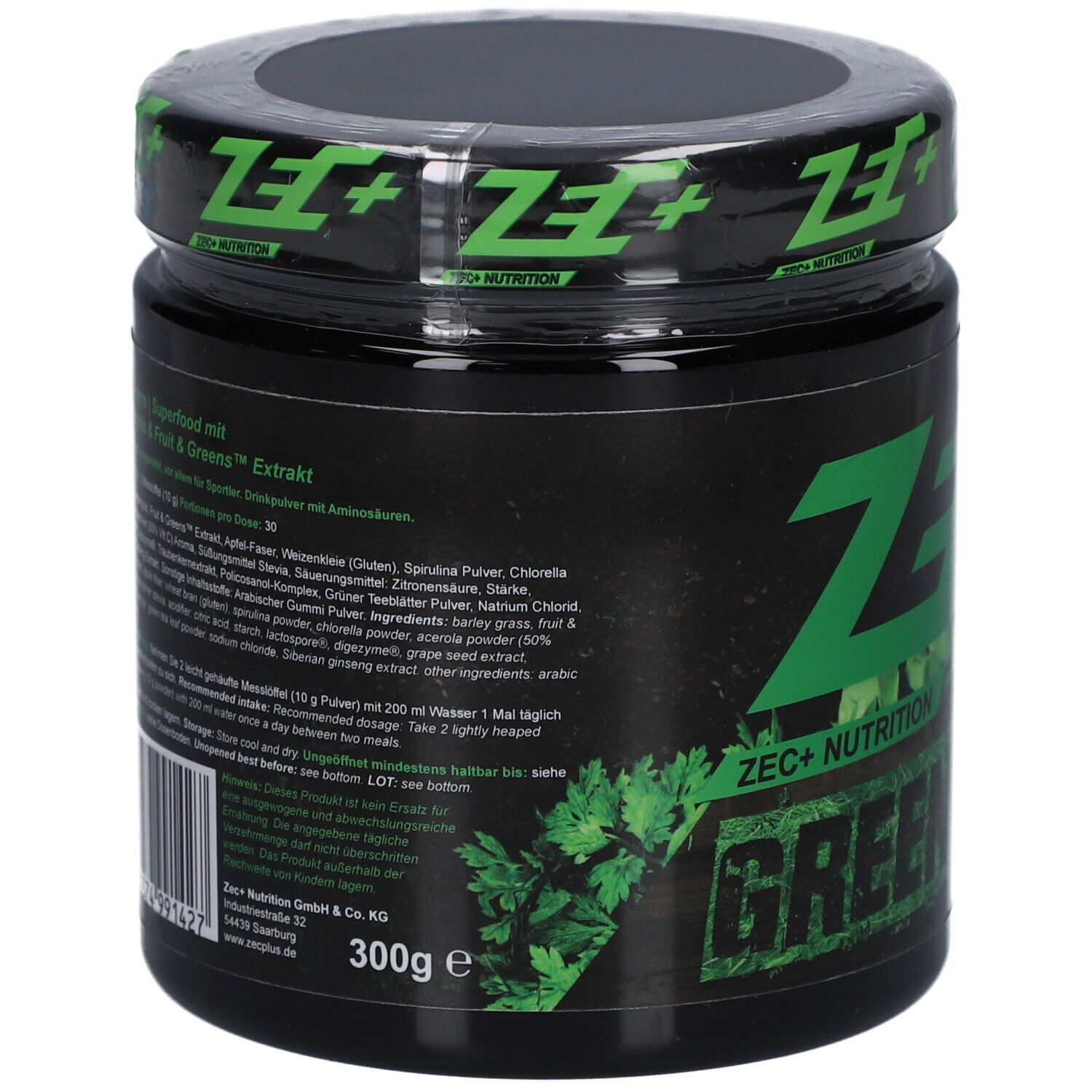 Schwarzes Glas mit grüner Schrift. Rückseite mit Zutatenliste und Nährwertangaben. Text: 300g e. ZEC+ Nutrition GREENS.