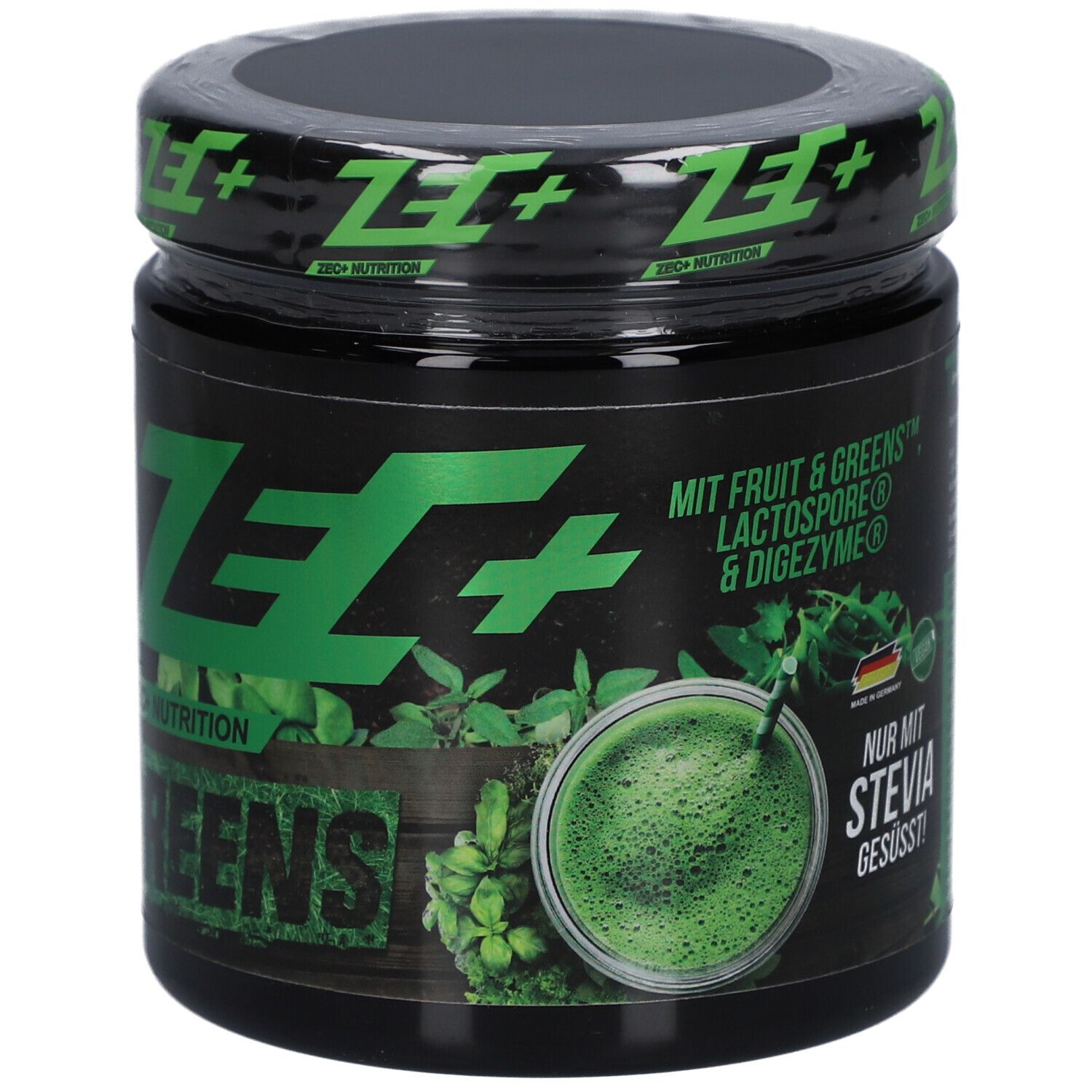 Schwarzes Glas mit grünem Deckel. Aufschrift ZEC+ GREENS. Abbildung eines grünen Getränks. Text: NUR MIT STEVIA GESÜSST!