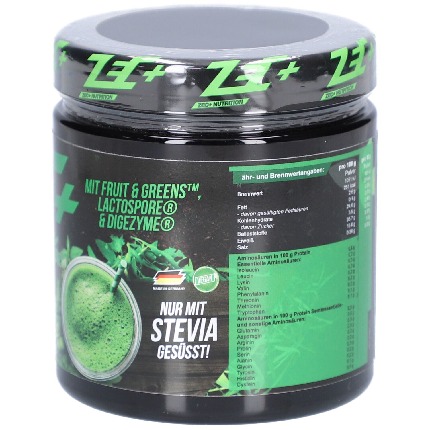 Schwarzes Glas mit grünem Deckel. Aufschrift ZEC+ GREENS. Abbildung eines grünen Getränks. Text: NUR MIT STEVIA GESÜSST! Vegan.