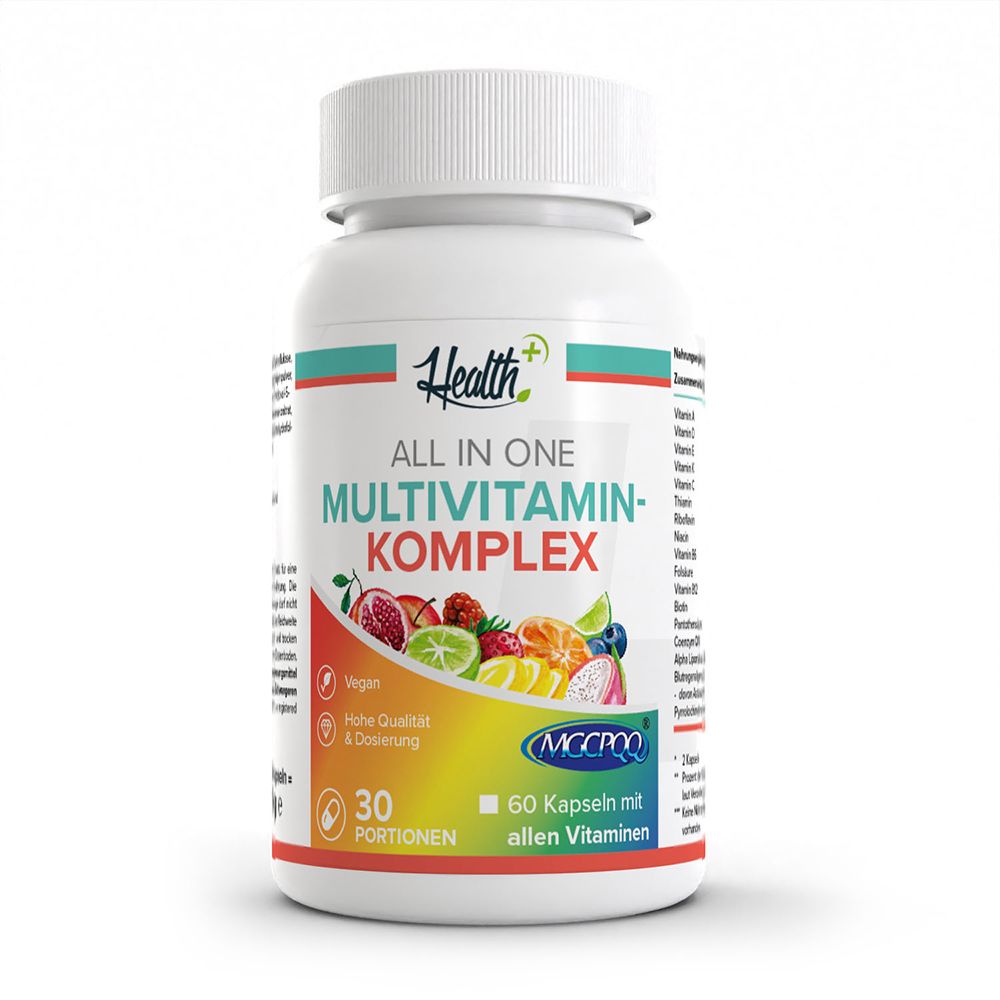 HEALTH+ ALL IN ONE Multivitamin-Komplex Dose mit Frucht-Illustrationen und Nährwertangaben.