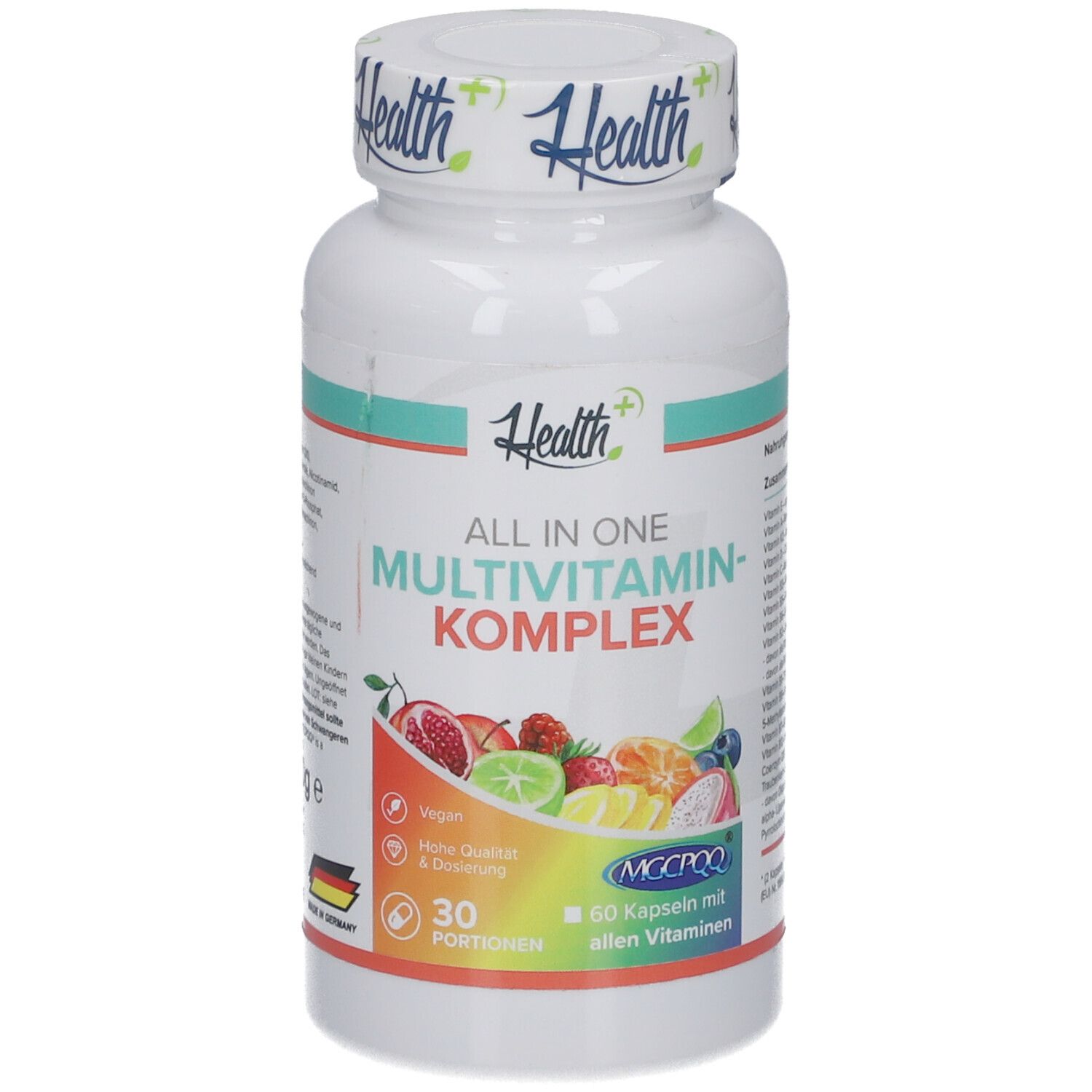 Weiße Flasche mit HEALTH+ ALL IN ONE Multivitamin Komplex. Aufschrift: 60 Kapseln mit allen Vitaminen, 30 Portionen. Abbildung von Früchten.