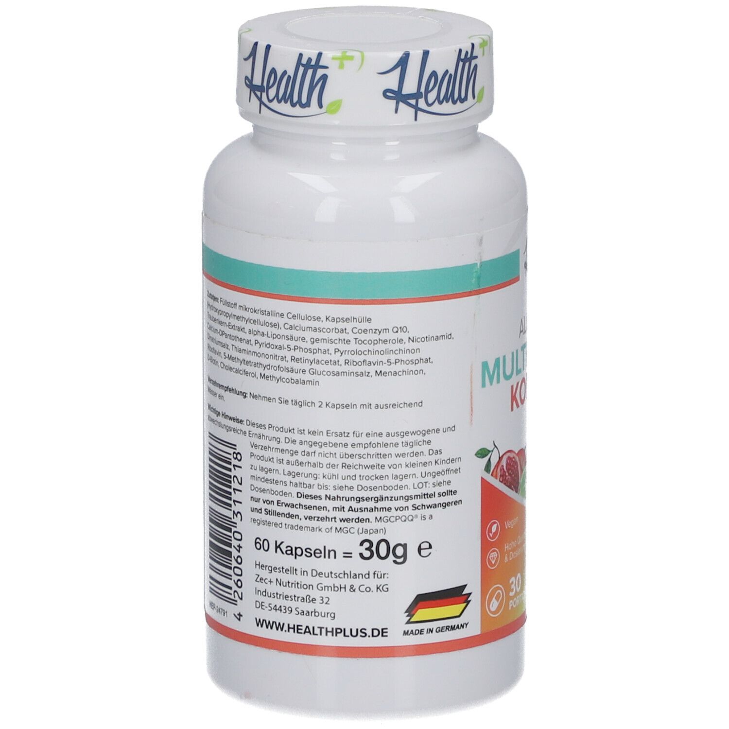 Rückseite der weißen Flasche HEALTH+ ALL IN ONE Multivitamin Komplex. Text mit Inhaltsstoffen und Herstellerinformationen. 60 Kapseln = 30g.