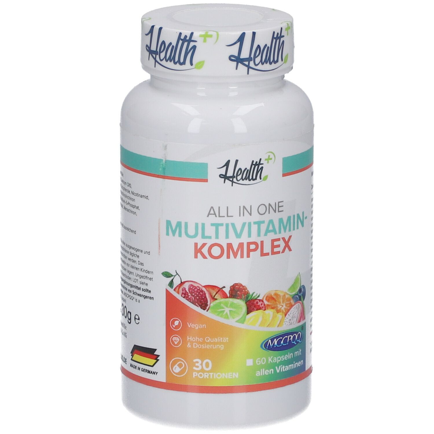 Weiße Flasche HEALTH+ ALL IN ONE Multivitamin Komplex. Aufschrift: 60 Kapseln mit allen Vitaminen, 30 Portionen. Abbildung von Früchten.