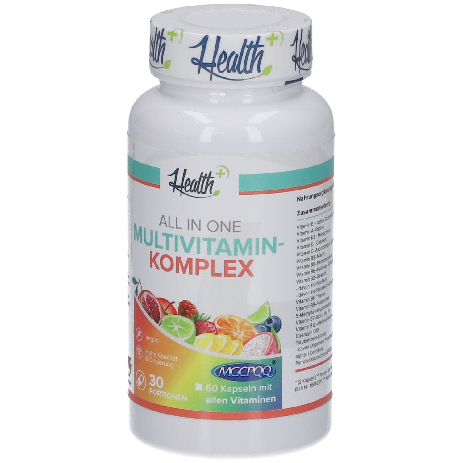 Weiße Flasche HEALTH+ ALL IN ONE Multivitamin Komplex. Aufschrift: 60 Kapseln mit allen Vitaminen, 30 Portionen. Abbildung von Früchten. Text mit Nährwertangaben.