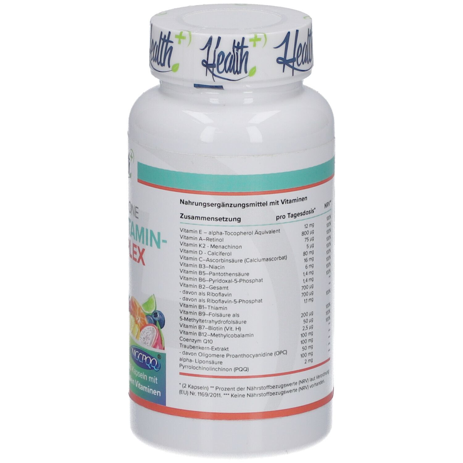 Weiße Flasche HEALTH+ ALL IN ONE Multivitamin Komplex. Aufschrift: 60 Kapseln mit allen Vitaminen. Text mit Nährwertangaben und Zusammensetzung.