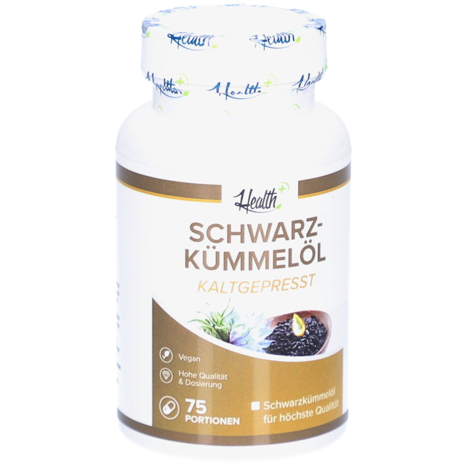 Weiße Flasche HEALTH+ SCHWARZKÜMMELÖL. Aufschrift: KALTGEPRESST, 75 Portionen. Vegan-Siegel.