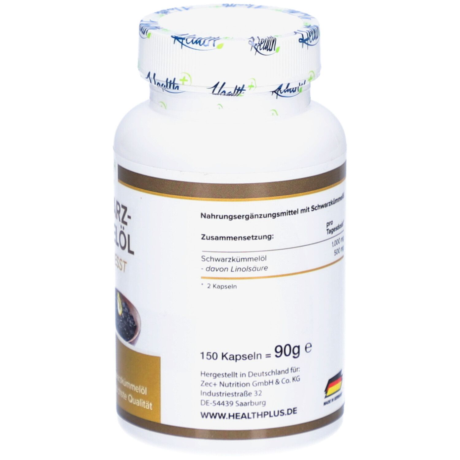 Rückseite der weißen Flasche HEALTH+ SCHWARZKÜMMELÖL. Text: Zutaten, Nährwertangaben, hergestellt in Deutschland.