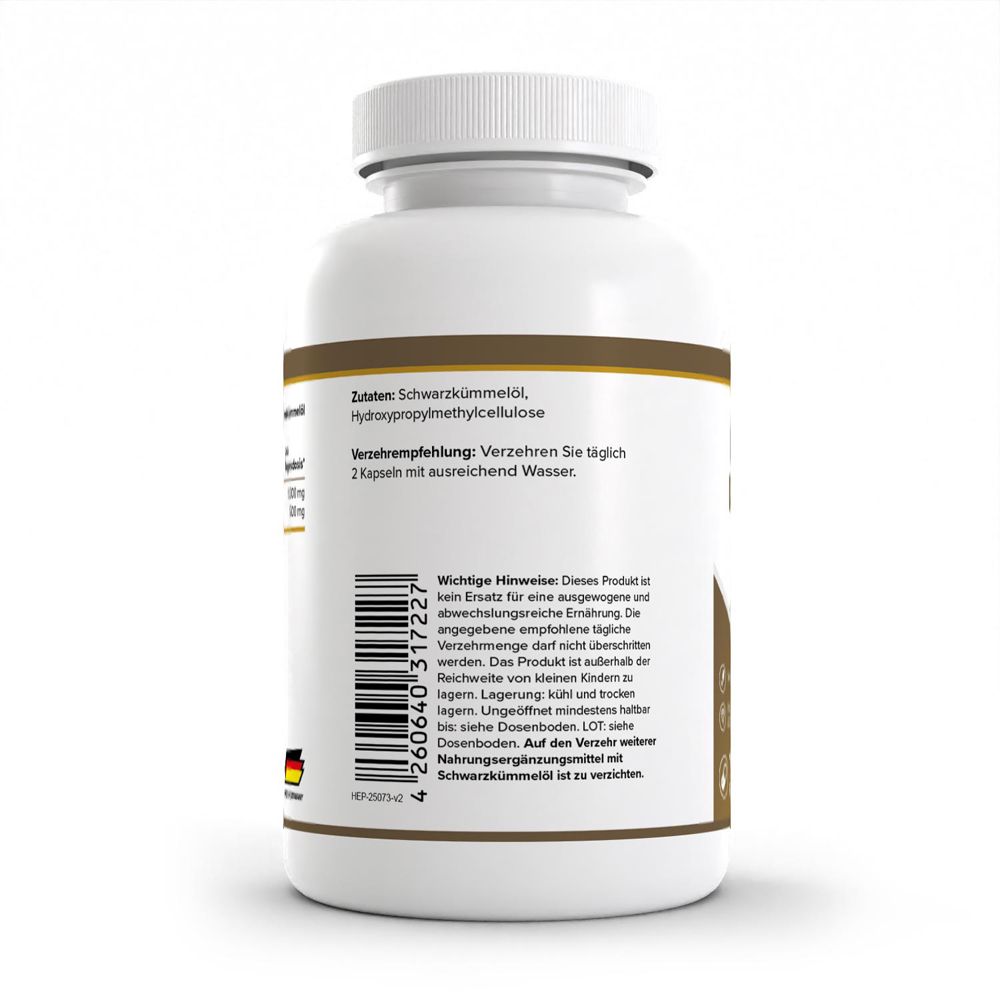 Rückseite der HEALTH+ Schwarzkümmelöl Kapseln mit Zutaten und Verzehrempfehlung.