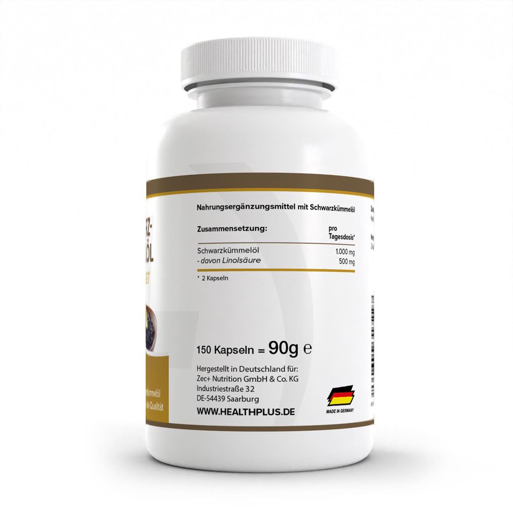 Rückseite der HEALTH+ Schwarzkümmelöl Kapseln mit Nährwertangaben und Herstellerinfos.