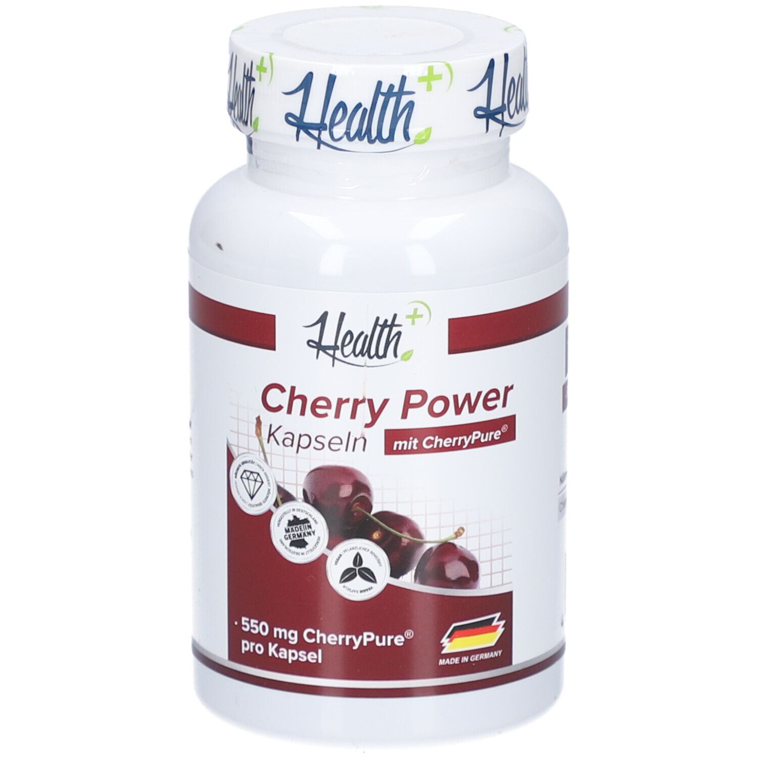 Weiße Flasche mit rotem Streifen. Aufschrift: Health+, Cherry Power Kapseln. Abbildung von Kirschen. 550 mg CherryPure pro Kapsel.