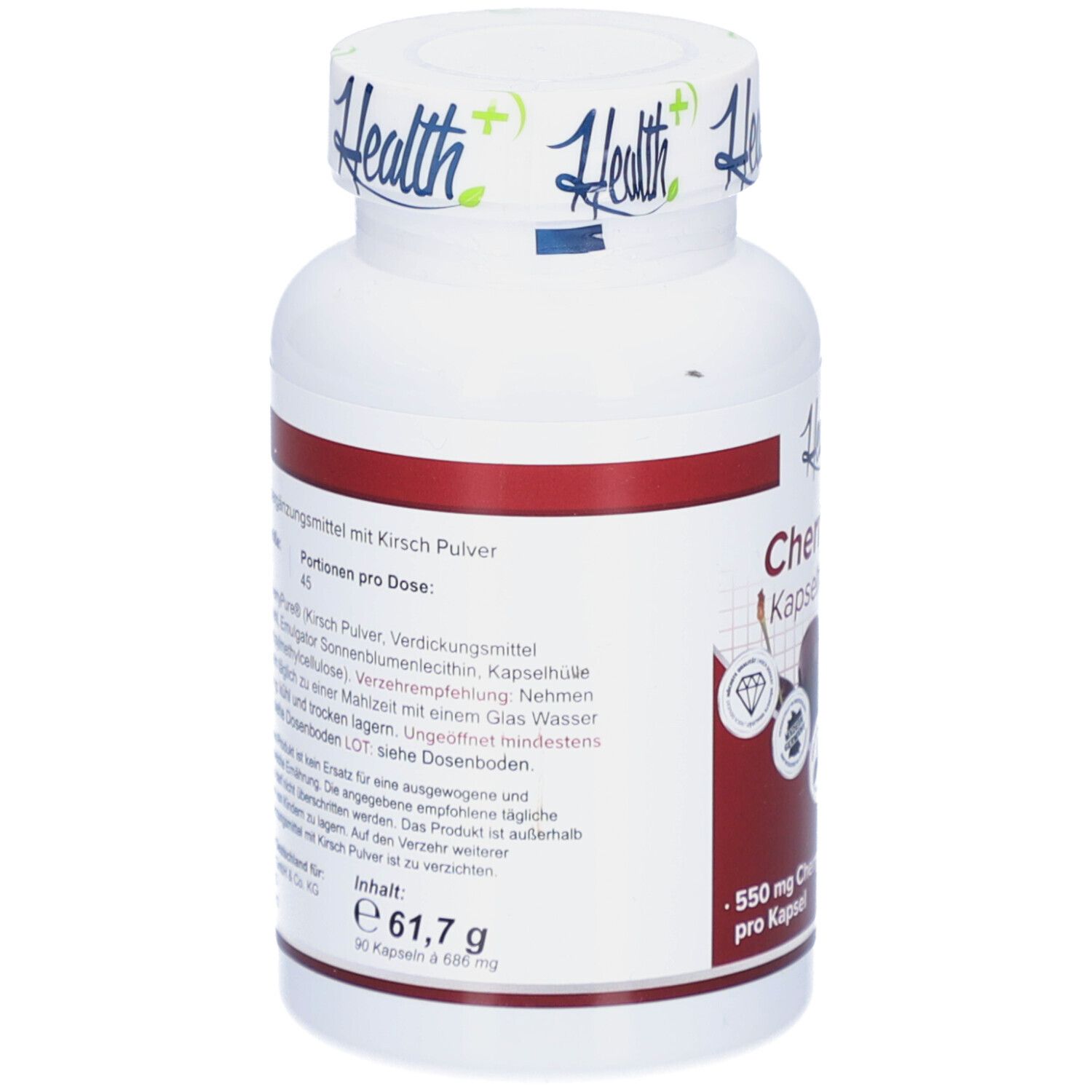 Weiße Flasche mit rotem Streifen. Aufschrift: Health+, Cherry Power Kapseln. Rückseite mit Inhaltsangaben und Nährwertangaben. 90 Kapseln.