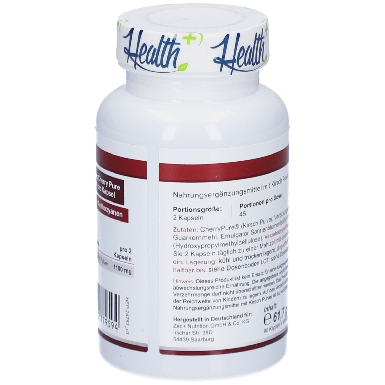 Weiße Flasche mit rotem Streifen. Aufschrift: Health+, Cherry Power Kapseln. Rückseite mit Inhaltsangaben und Nährwertangaben. 90 Kapseln.