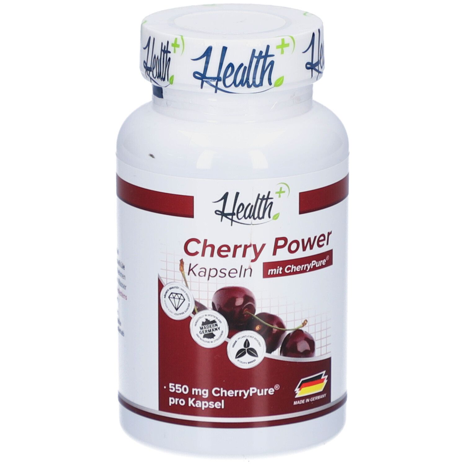 Weiße Flasche mit rotem Streifen. Aufschrift: Health+, Cherry Power Kapseln. Abbildung von Kirschen. 550 mg CherryPure pro Kapsel.