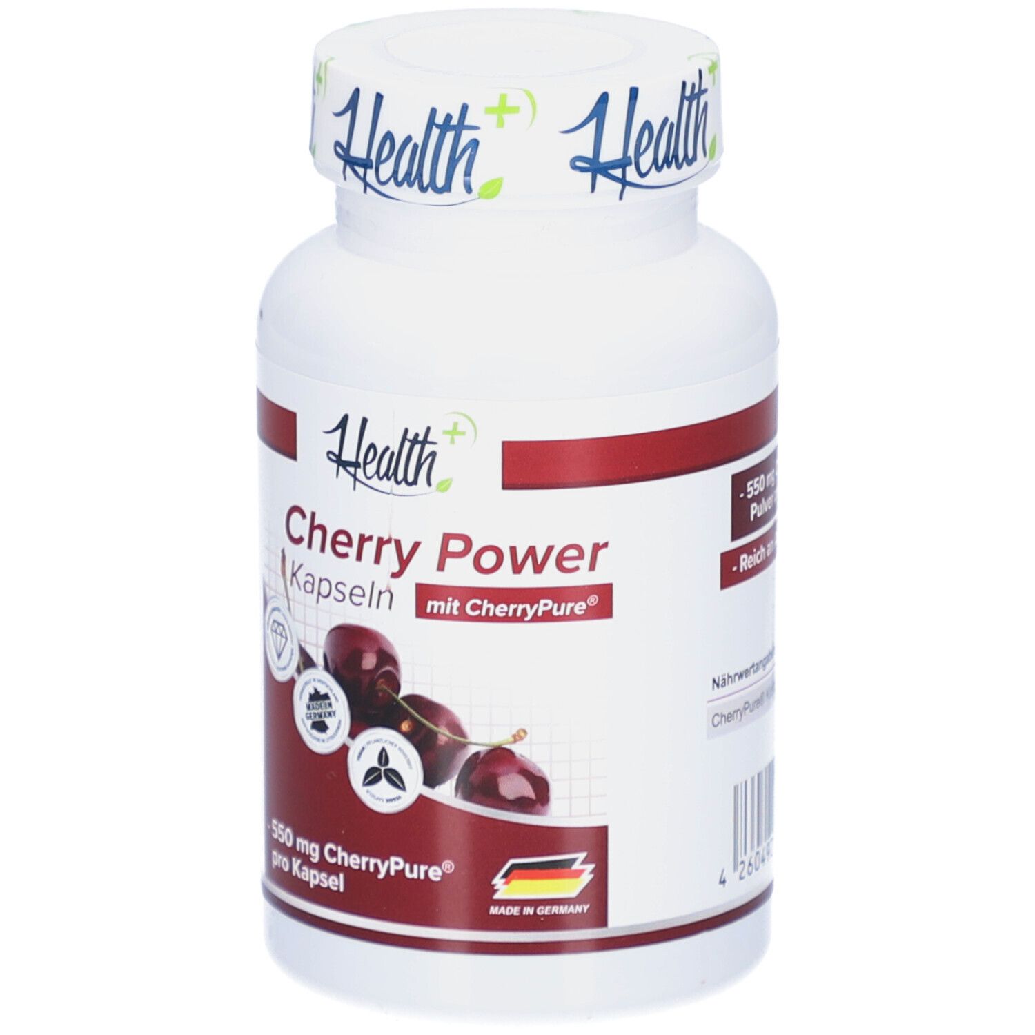 Weiße Flasche mit rotem Streifen. Aufschrift: Health+, Cherry Power Kapseln. Abbildung von Kirschen. 550 mg CherryPure pro Kapsel. Made in Germany.