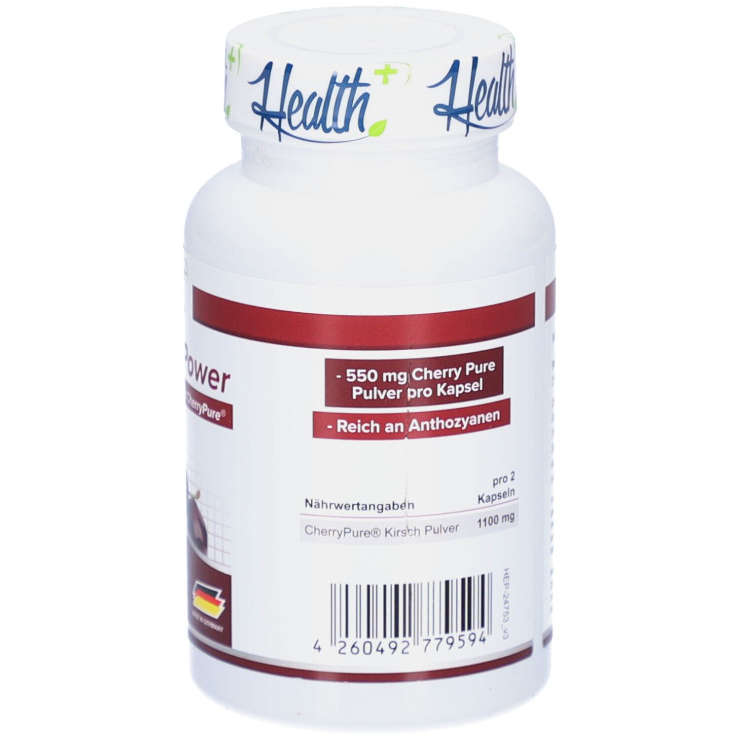 Weiße Flasche mit rotem Streifen. Aufschrift: Health+, Cherry Power Kapseln. Rückseite mit Inhaltsangaben und Nährwertangaben. Made in Germany.